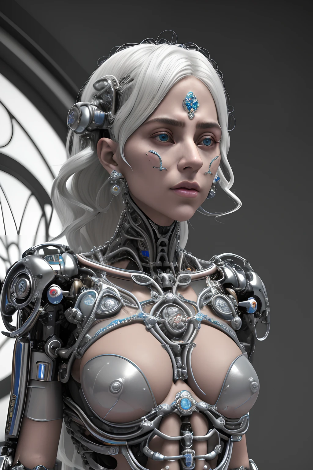 render 3d complexo ultra detalhado lindo anjo da morte, biomechanical cyborg, analog 150 mm lens, linda luz natural suave, veia neon, Roots, rendas de folhagem fina, detalhes coloridos, roupa Boris Bidjan Saberi, pearl earrings, piercing, moda art nouveau bordada, detalhes intrincados, fio de malha, fractal de mandelbrot, facial muscles, fios de cabo, microchip, badass, hiper realista, Lady gaga, ultra detalhado, octan render, volumeric lighting, 8K post-production, vermelho e branco com um pouco de preto, detailed metallic bones, semi humano, cores iridescentes, estilo Glenn Brown, futuristic room, poder do deus, High angle shooting, poses corporais complexas