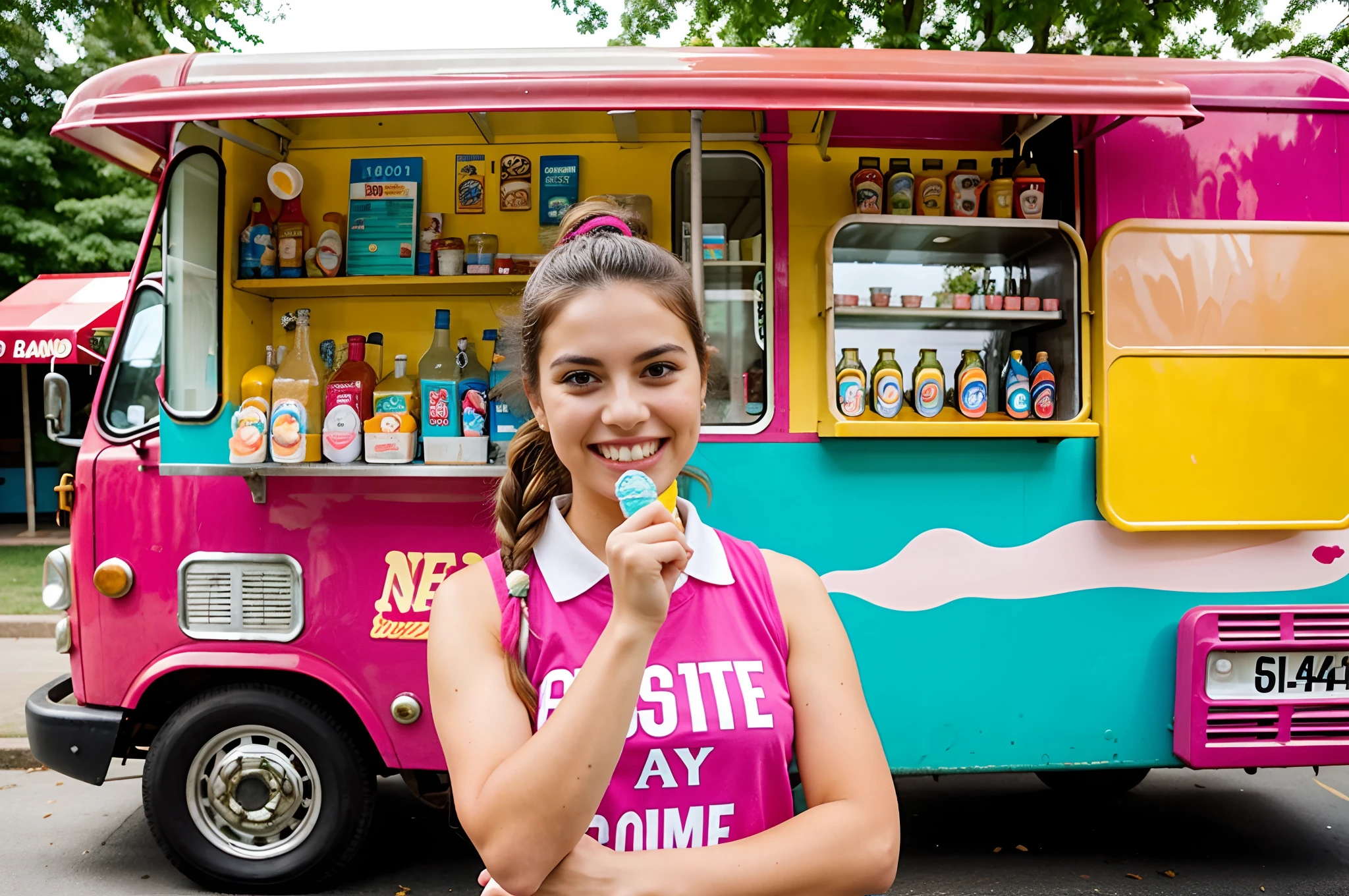 An attractive ice cream woman stands in front of her colorful ice cream truck, holding out a delicious ice cream cone to the viewer. She is wearing a cute uniform and her hair is styled in a playful ponytail. Her smile is warm and inviting as she offers the sweet treat. The image is of the highest quality, capturing the vibrant colors of the ice cream truck and the friendly demeanor of the ice cream woman.