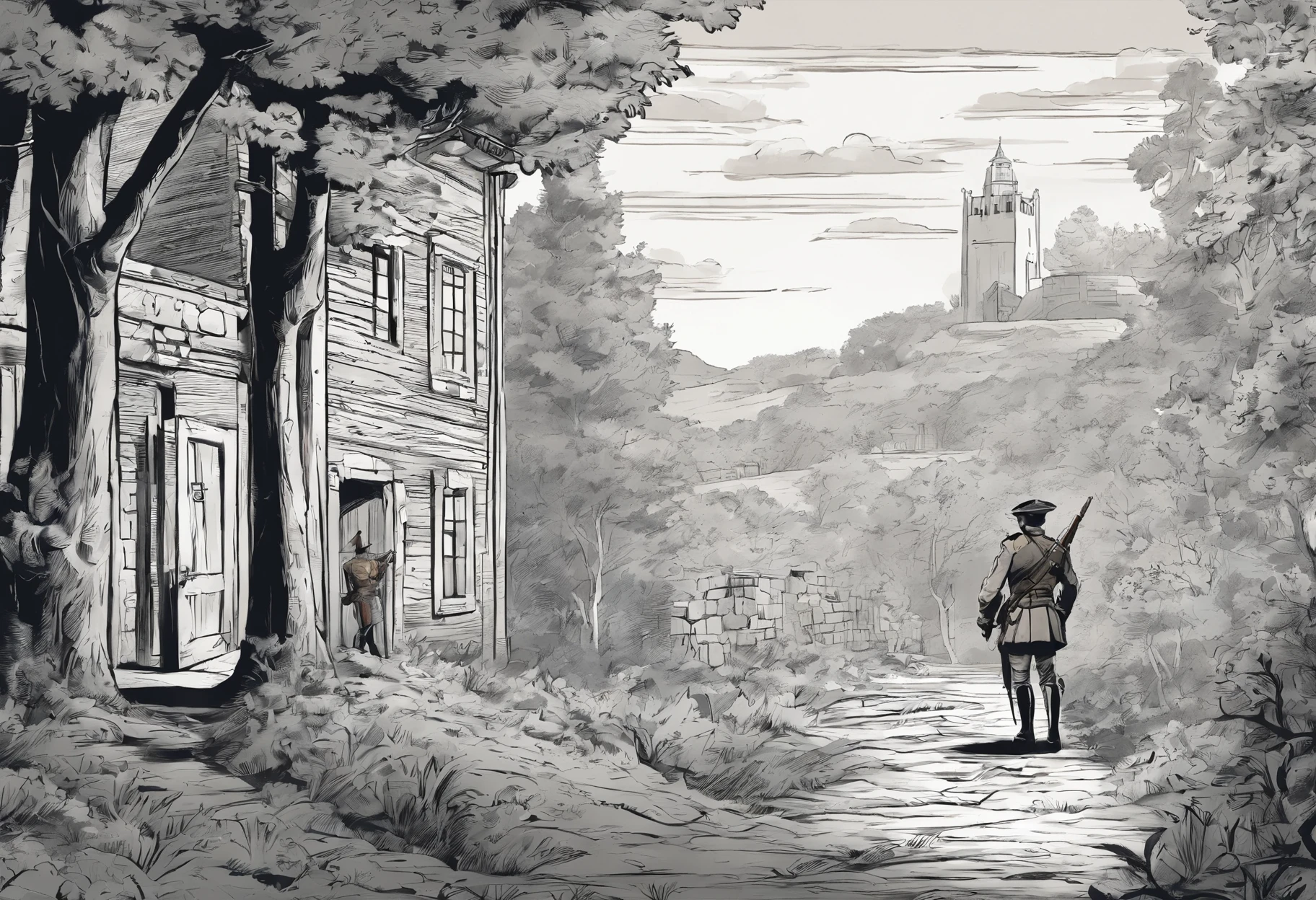 There is a city with a wall protecting. A fearless man walking out the doors into a shadowy forest with a shotgun in his hand. Eighteenth century style clothes of the French wars