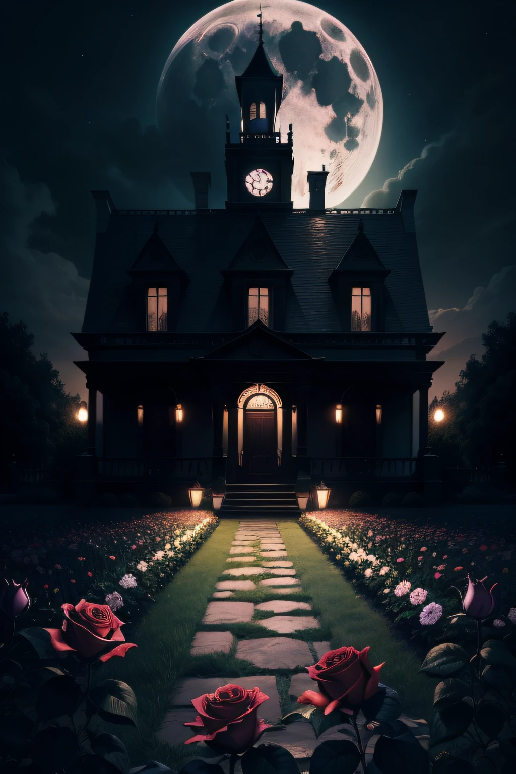 Dark dark mansion on full moon night in a rose garden