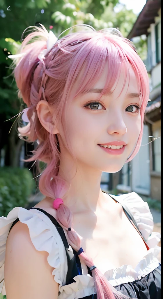 (ultra-detailliert), Cute princess dress in white,(frilly dress),(shortsleeves),Blue eyes,The upper part of the body、a closeup、faces、(A smile:1.5),(facing front:1.2), 20yr old, teens girl,no tail,(no tail),2D, masterpiece, top-quality, Band Group Vocals, a closeup, Stand Microphone, Mouth open, A detailed eye, A detailed face, girl with, Only 1 person,Pink Hair Medium Hair, (Pink hair), Ear Hair, small tits, Single braid, (Single braid), (Side braid), Pink ribbon, Ribbon around the neck, (White sleeves), Background bokeh