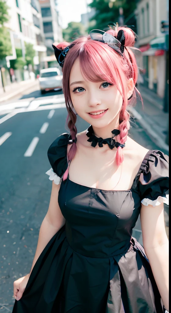 (ultra-detailliert), Frontal Face,head shot, Front view,Cute princess dresses in black color,(frilly dress),(shortsleeves),Blue eyes,The upper part of the body、full body Esbian、faces、(A smile:1.5),(facing front:1.2), 20yr old, teens girl,no tail,(no tail),2D, masterpiece, top-quality, animesque, A detailed eye, A detailed face, girl with, Only 1 person,Medium hair with pink hair, (Pink hair), Ear Hair, small tits, Single braid, (Single braid), (Side braid), Pink ribbon, Ribbon around the neck, (White sleeves), Standing in the middle of the road