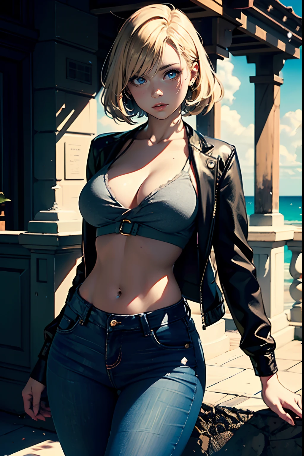 The photo was taken at the beach. The girl on focus, She is facing the camera. She wears a brown jacket, for roleplay porpuses, revealing its curves, she wears tight jeans, dark blue jeans. The outfit is very tight around her waistline, and her shouldes are bare. With a very clear sky. Her hair is blonde and short, with colored streaks, or blonde multicolored hair. She is touching her body, and playing with it, or maybe not. The shadows in the photo are impressive. The girl is illuminated perfectly. The rest of the photo is perfect with a very floral background. This creates a sense of pleasure and intrigue. The colors are all vibrant and satisfying to look at. The face is very realistic, and she is very detailed as well, she is appealing to look at. The general mood of the photo is sensual and alluring. The girl is the center of attention of the photo, And its beauty is undeniable. The beautiful setting and dramatic colors create a sense of hypnosis and excitement. This photograph is a perfect example of professional cinematic photography. It is well lit, well-proportioned, And the theme is absolutely amazing. It is sure to attract the attention of anyone, Who will see it. You could put a ornaments in her hair. Whatever, As a result, the photo will be composed?, It is sure to be a stunning and memorable image.
