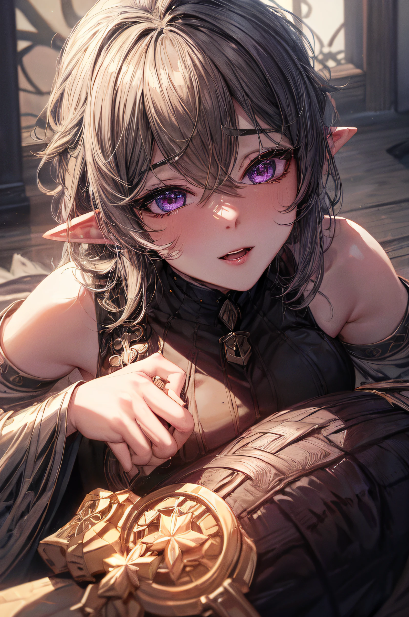 The girl looks at the camera with beautiful purple eyes and an attractive smile, mouth open, White Teeth, Cute little nose, Beautiful long elven ears, portrait of an elf, Portrait of a very beautiful elf woman, green hair, Stars in her fixed eyes, breathtaking rendering, extreme closeup, Sweet girl, attractive anime girl, beautiful anime girl, Cute beautiful anime woman, detailed digital anime art, beautiful anime girl, beautiful anime girl, Anime with small details, Best Quality, Masterpiece, Ultra-detailed, Beautiful, hight resolution, Original,CG 8K ультрареалистичный, perfect artwork, beatiful face, Face Clean, Skin, hyper realistic, Ultra Detailed, A detailed eye, dramatic  lighting, (Realistic) Realistic, Full HD, Best Quality, Best Quality, Beautiful lighting, (8k wallpaper of extremely detailed CG unit), High Details, sharp-focus, The art of dramatic and photorealistic painting, beautiful smile, Incredibly detailed face, hyper detailed face, A face with a lot of detail, Perfect nose, gorgeous smile, A star in the eye, Perfect eye shadow, wink, Hyper-Detailed Eyes, Hyper-detailing of eyebrows, Hyper-detailed eyelashes,