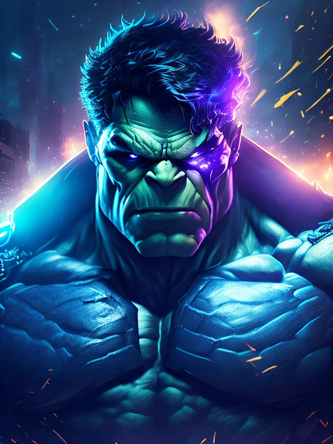 gloomy portrait of hulk from Marvel, extremely detailed, futuristic cityscape, nighttime, glowing neon lights, smoke, sparks, metal shavings, flying debris, blue energy effects, volumetric light