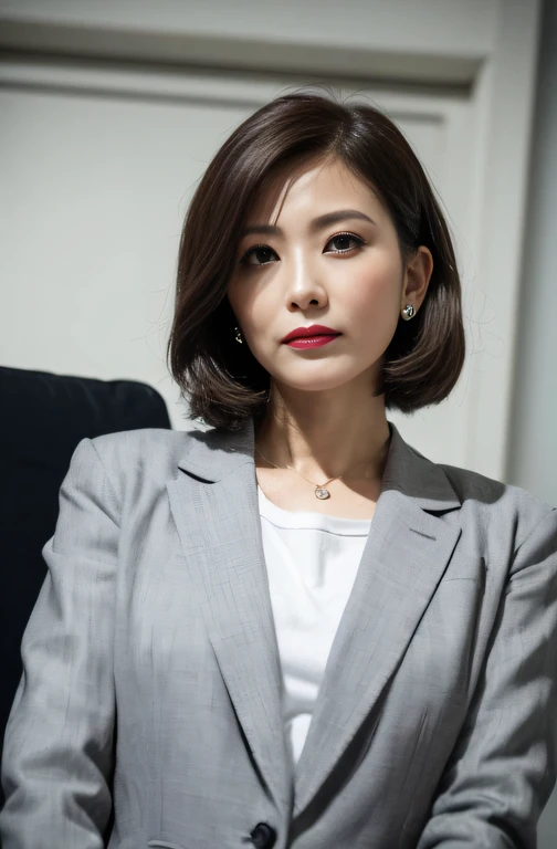 ((Best Quality, 8k, Masterpiece, masterpiece,best quality)), glare, (1 milf), ((from below:1, close up:0.5, Looking at Viewer)), short hair, gray blazer, white shirt, double eyelid, eyelash, lip gloss, (seductive expression:1.5), ((close eyes:0.85)), ((Straight Looking at Viewer)), RAW, nobody office,