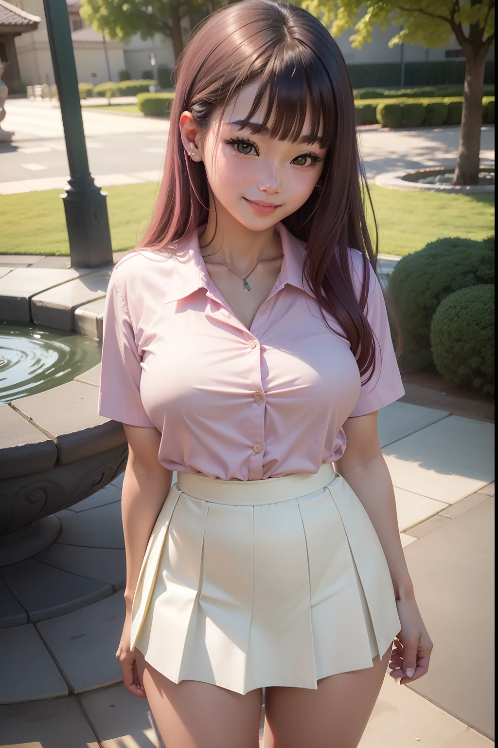 18 year old japanese girl,standing by fountain, green lawn (top quality:1.4),(masterpiece:1.3),(Sharp focus:1.2),(Photorealsitic:1.4),(The beautiful woman in perfect style:1.4),(Beautiful double eyelids glitter:1.2),(Semi-long with bangs),Bright face,full body photo,(Red cheeks, pink lips, smiling:1.3), Office suit, open-chested shirt, big breasts, school uniform skirt,