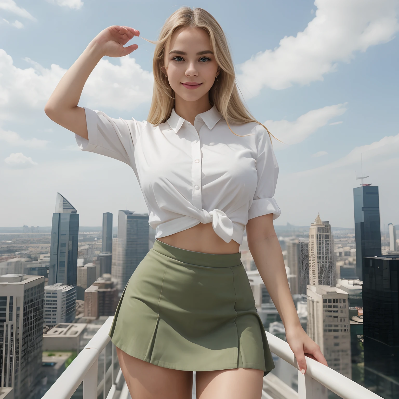 Blonde Hair, green-eyed, wheat-skinned, slim but full body, oval-faced, heart-lipped, small and flat-nosed, curved eyebrows, round and wide hips, 1 smiling girl; super delicate , ((Best Quality, 8k, Masterpiece)); ((Foto RAW)); she poses with her hands up on the edge of the roof of a very high skyscraper. It's windy weather, she's wearing a skirt and a white shirt, (realistic, detailed);