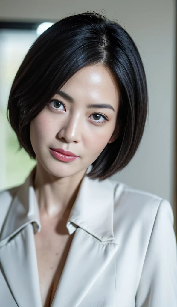((Best Quality, 8k, Masterpiece, masterpiece,best quality)), glare, (1 milf), ((from below:1, close up:0.5, Looking at Viewer)), short hair, gray blazer, white shirt, double eyelid, eyelash, lip gloss, (seductive expression:1.5), ((close eyes:0.85)), ((Straight Looking at Viewer)), RAW, nobody office,