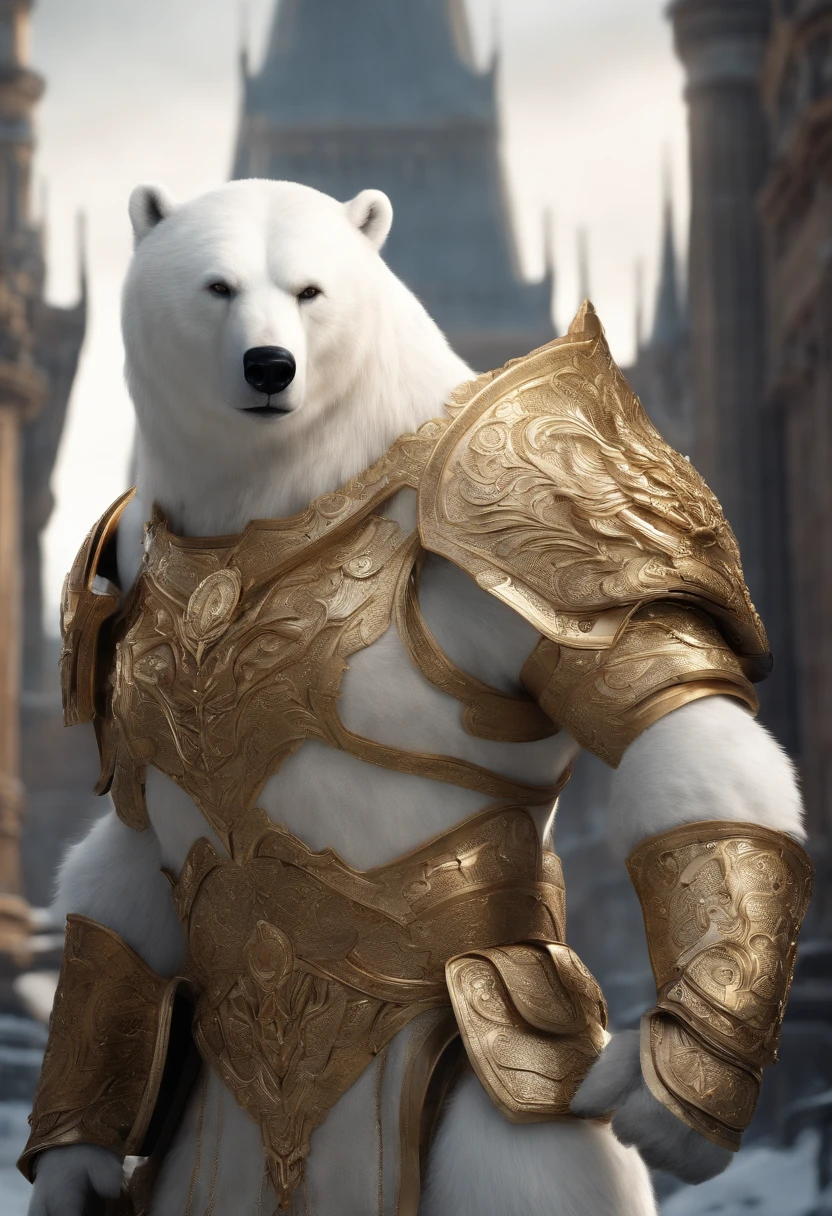 ((top-quality)), ((masuter piece:1.3)), Wearing an anthropomorphic humanoid polar bear (Golden armor), a person々Furiously walking between, intricate detailes, Complex Griebles works, The city behind, muscular body, (((big muscle))), Muscular arms, (small head), Giant Demon, Titan Soft Lighting, A hyper-realistic, softlighting, Ominous environment , (Pure white and fluffy fur),Glossy coat,White-furry limbs,