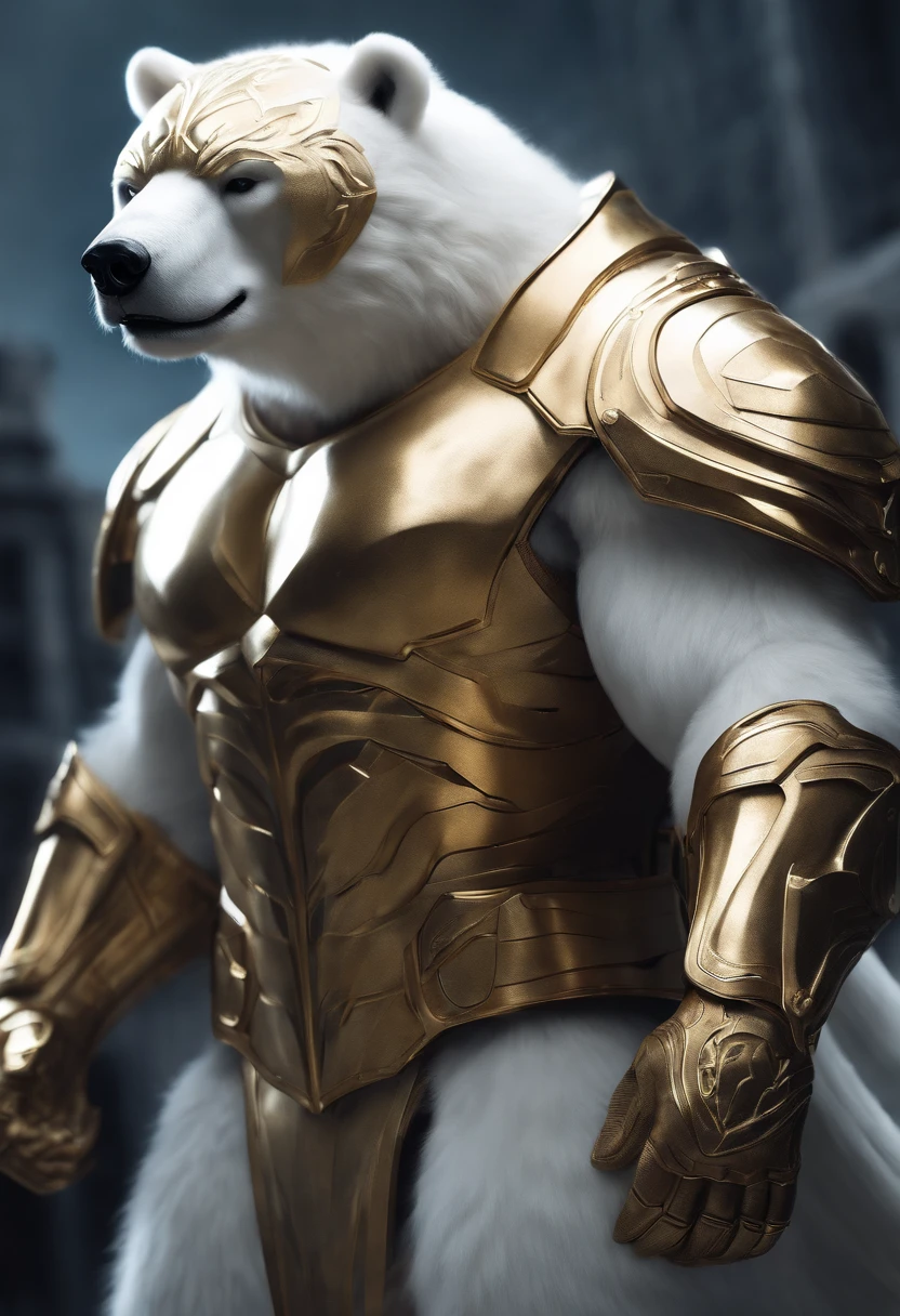 ((top-quality)), ((masuter piece:1.3)), Wearing an anthropomorphic humanoid polar bear (Golden armor), a person々Furiously walking between, intricate detailes, Complex Griebles works, The city behind, muscular body, (((big muscle))), Muscular arms, (small head), Giant Demon, Titan Soft Lighting, A hyper-realistic, softlighting, Ominous environment , (Pure white and fluffy fur),Glossy coat,White-furry limbs,