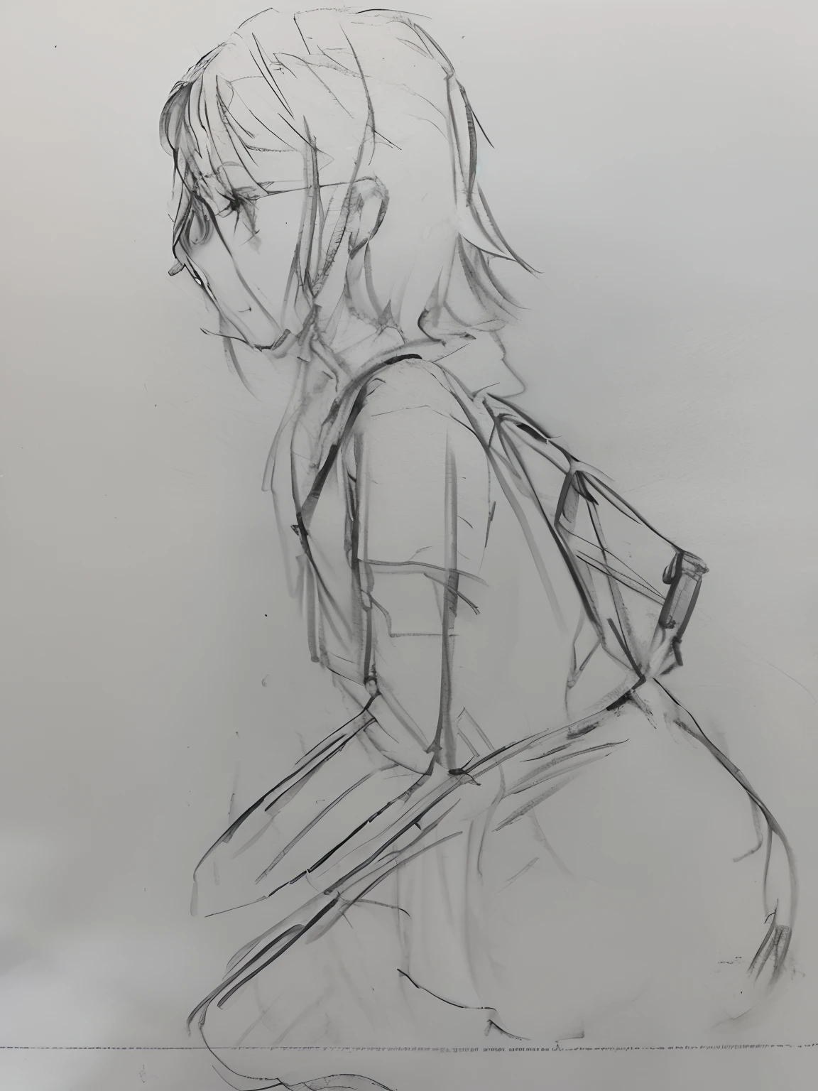 Painting of a woman carrying a backpack, loose pencil sketch, anime sketch, Rough sketch, line-drawing, Casual pose, side pose, quick sketch, line-drawing!!, pudica pose gesture, Pose Study, Thoughtful Pose, thick outline, full body profile pose, girl sketch, distorted pose, Poses variadas, old sketch, matte sketch