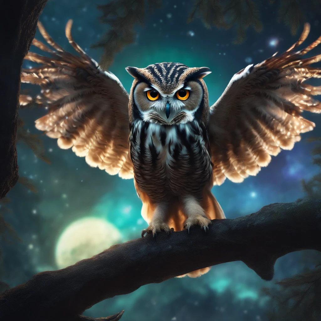 Close-up of a legendary owl with colorful feathers, Galactic Eye, Shiny fur, Detailed plumage, Finely large eyes., An owl is landing on an alien branch. , Look at the audience with judgmental eyes., Focus, alien landscape background .romper,Detailed,Realistic,4k highly detailed digital art,octanerender, bioluminescent, 8K concept art of crack, Realism,By Mappa studios,masterpiece,bestquality,official art,illustration,Clear lines,(evening_colored),perfect composition,Absurd, fantasy,focused,rule of thirds,
