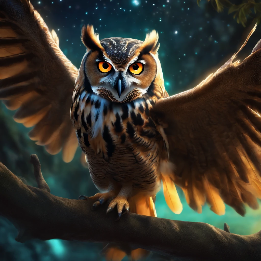 Close-up of a legendary owl with colorful feathers, Galactic Eye, Shiny fur, Detailed plumage, Finely large eyes., An owl is landing on an alien branch. , Look at the audience with judgmental eyes., Focus, alien landscape background .romper,Detailed,Realistic,4k highly detailed digital art,octanerender, bioluminescent, 8K concept art of crack, Realism,By Mappa studios,masterpiece,bestquality,official art,illustration,Clear lines,(evening_colored),perfect composition,Absurd, fantasy,focused,rule of thirds,