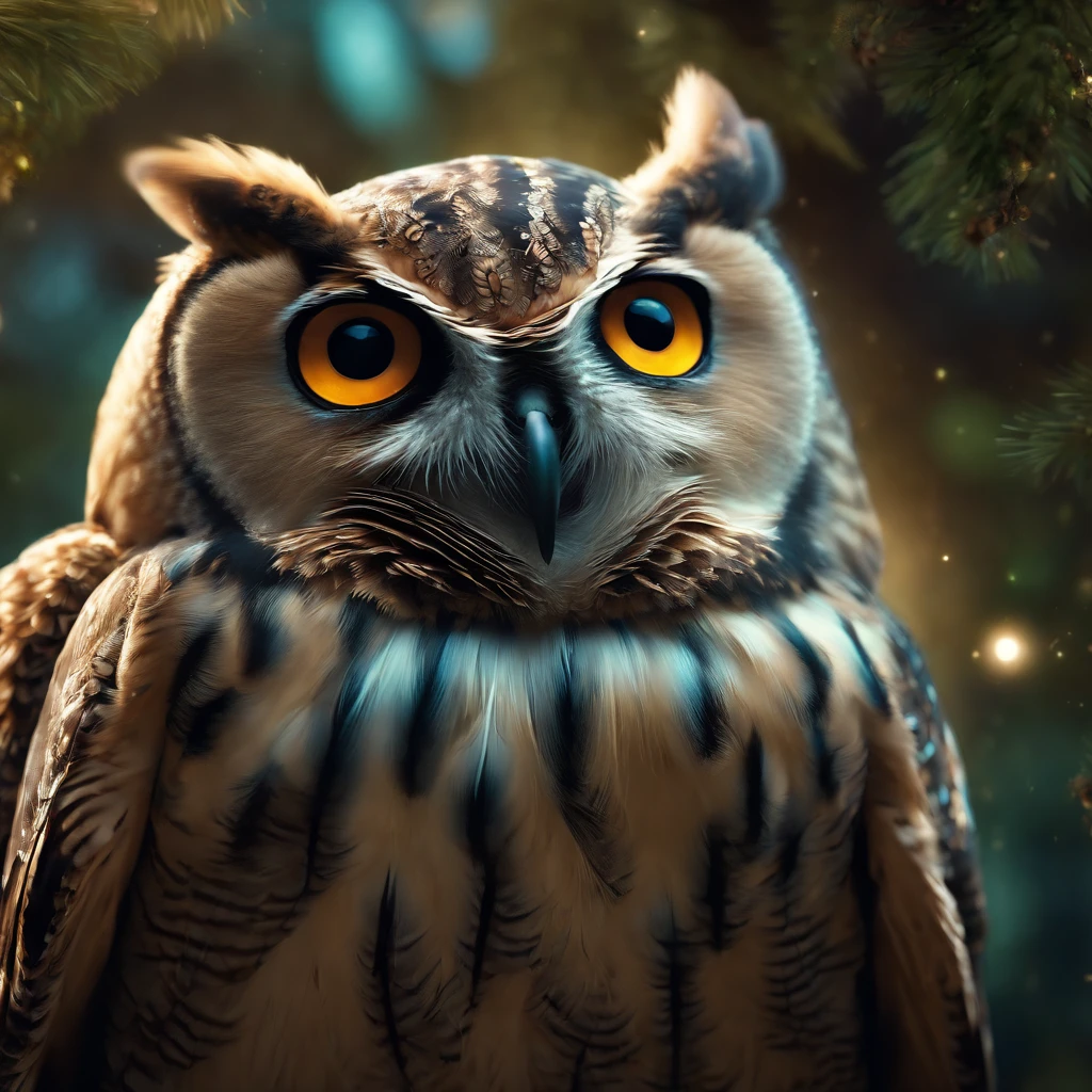 Close-up of a legendary owl with colorful feathers, Galactic Eye, Shiny fur, Detailed plumage, Finely large eyes., An owl is landing on an alien branch. , Look at the audience with judgmental eyes., Focus, alien landscape background .romper,Detailed,Realistic,4k highly detailed digital art,octanerender, bioluminescent, 8K concept art of crack, Realism,By Mappa studios,masterpiece,bestquality,official art,illustration,Clear lines,(evening_colored),perfect composition,Absurd, fantasy,focused,rule of thirds,