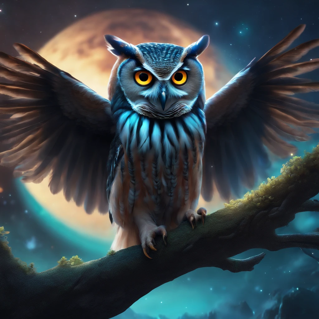 Close-up of a legendary owl with colorful feathers, Galactic Eye, Shiny fur, Detailed plumage, Finely large eyes., An owl is landing on an alien branch. , Look at the audience with judgmental eyes., Focus, alien landscape background .romper,Detailed,Realistic,4k highly detailed digital art,octanerender, bioluminescent, 8K concept art of crack, Realism,By Mappa studios,masterpiece,bestquality,official art,illustration,Clear lines,(evening_colored),perfect composition,Absurd, fantasy,focused,rule of thirds,