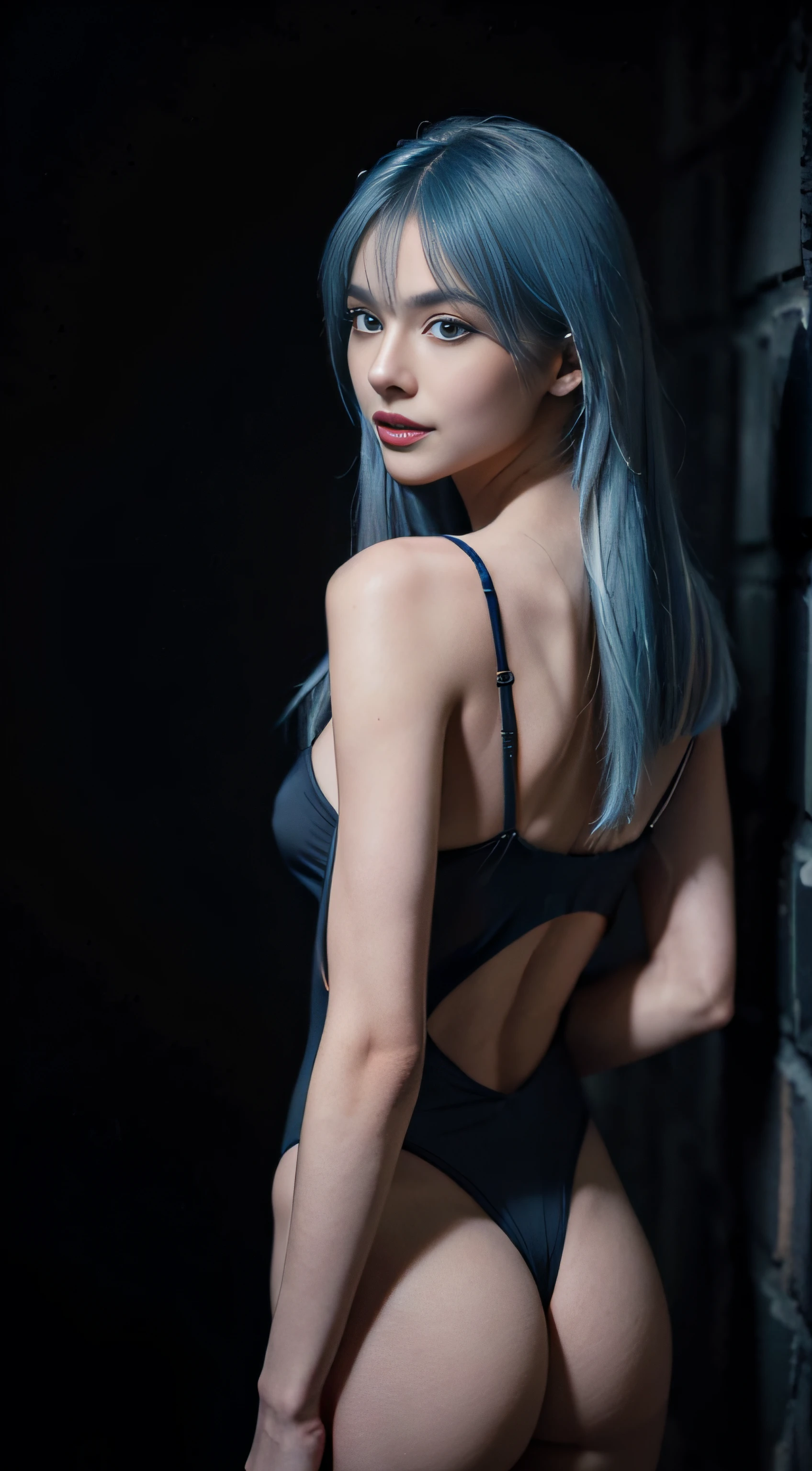 8K, Top Quality, Intricate Details, Ultra Detail, Ultra High Resolution, Masterpiece, view from behind, Slender, Smile, (Makeup: 0.4), (Fluffy Blue Eyes: 1.21), blue Eyes, looking at viewer, ((full body)), 1girl, solo, 1 girl, (( full body)), feminine and y posture, ((tall)), (((fit body))), (((slim face))), sharp face, sharp eyes, (((sky blue hair, long hair, side bangs)) (detailed face), sharp face, small lips half open strawberry lips, pureerosfaceace_v1,
((black spiderman suit)), detailed face, ((detailed breetail ass,)) Beiful girl with accentuated slender abs: 1.4, Six Pack Abs: 1.4, Bust Botox, Big, Perfect Body, detail leg, (Dark Night Background: 1.2)
