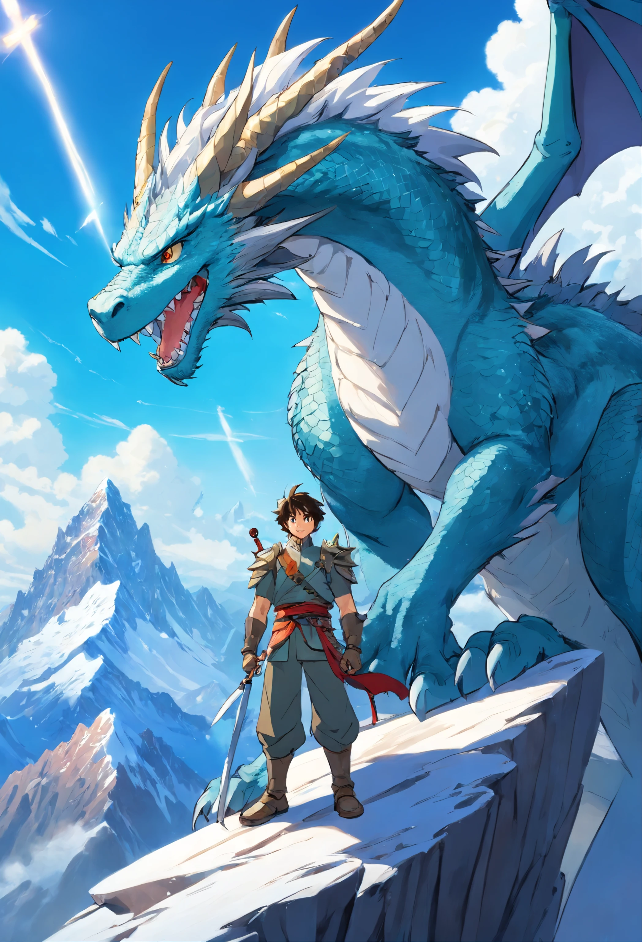 Draw a scene in which a fit man personifies a dragon. Focus on the man. His beautiful hair is black, short and spiky. He is wearing a silver full body armor. He is looking ahead with determination. On the back are spread mighty wings。His eyes sparkled with bright blue cyan eyes.、His gaze is full of strength and he is smiling.。He is standing on the summit of Mount Everest。He has hand was a long sword made of diamond. This scene is、Strength、knowledge、glamour、And symbolizing domination。Draw the charm and power of a male wind dragon personification。
