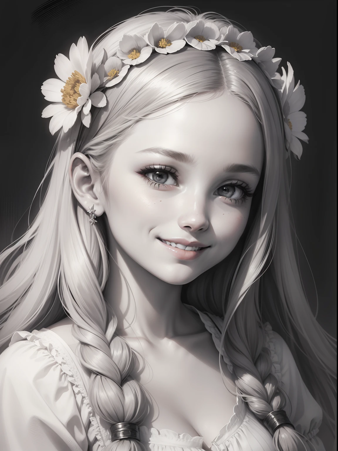 masterpiece, best quality, 1girl, solo, long_hair, looking_at_viewer, smile, dress, ribbon, jewelry, very_long_hair, hair_ribbon, flower, bracelet, two_side_up, hand_on_own_face, head_rest, hand_on_own_cheek, lineart, monochrome,