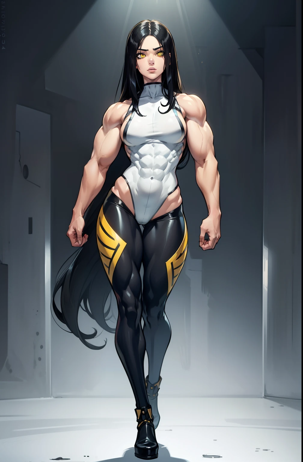 (((((1 girl))))), black hair, yellow eyes, very long hair, ((((((muscular)))))), tall, pale skin, bodysuit, ((full body)), (solo)