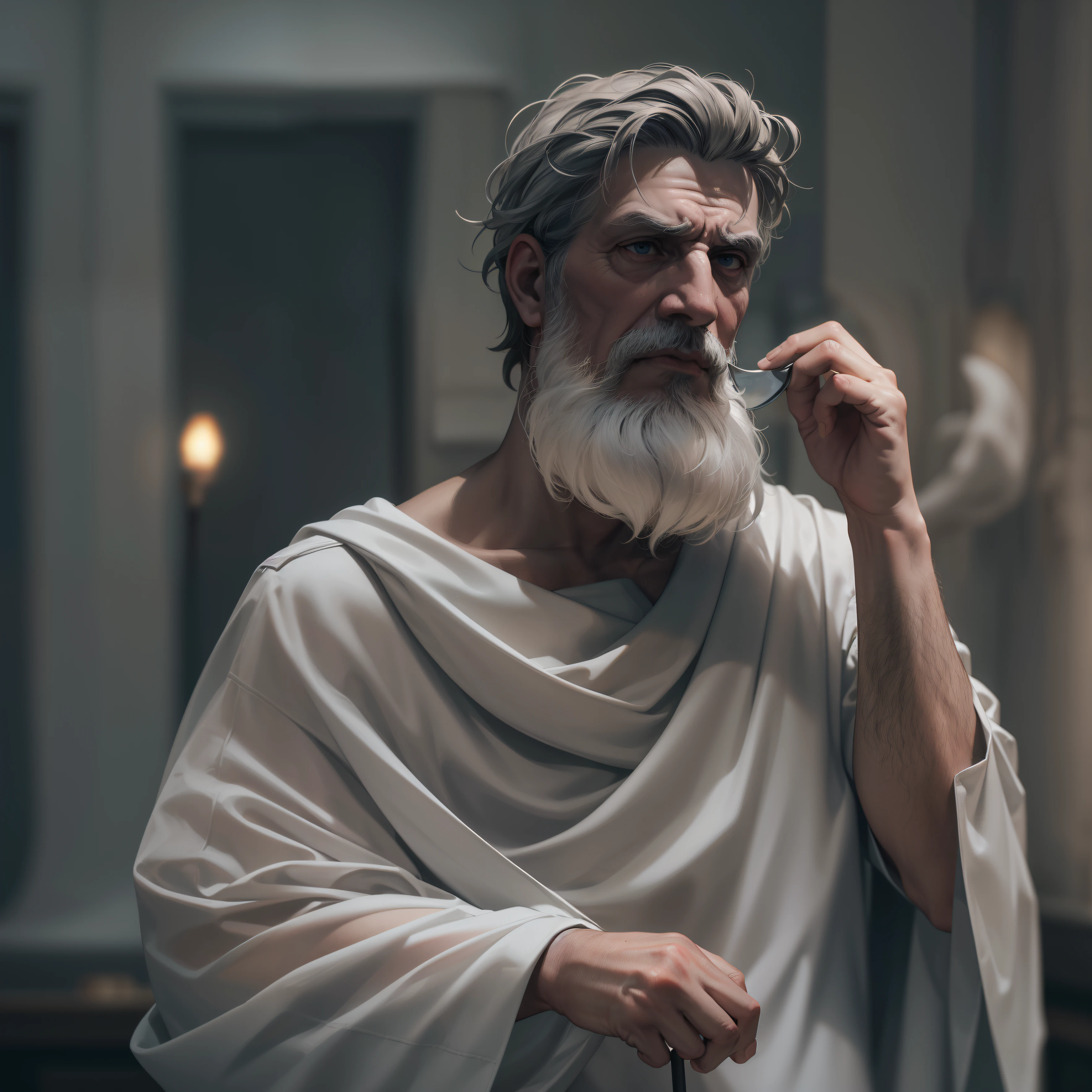 The frightening Greek realist philosopher of Epicurus, Bold, detailed wearing a ghostly toga, fundo neutro, Moody, , fotorrealista, Jantar de filme assustador, super detalhada, Hiper realista, luzes brilhantes, 8k