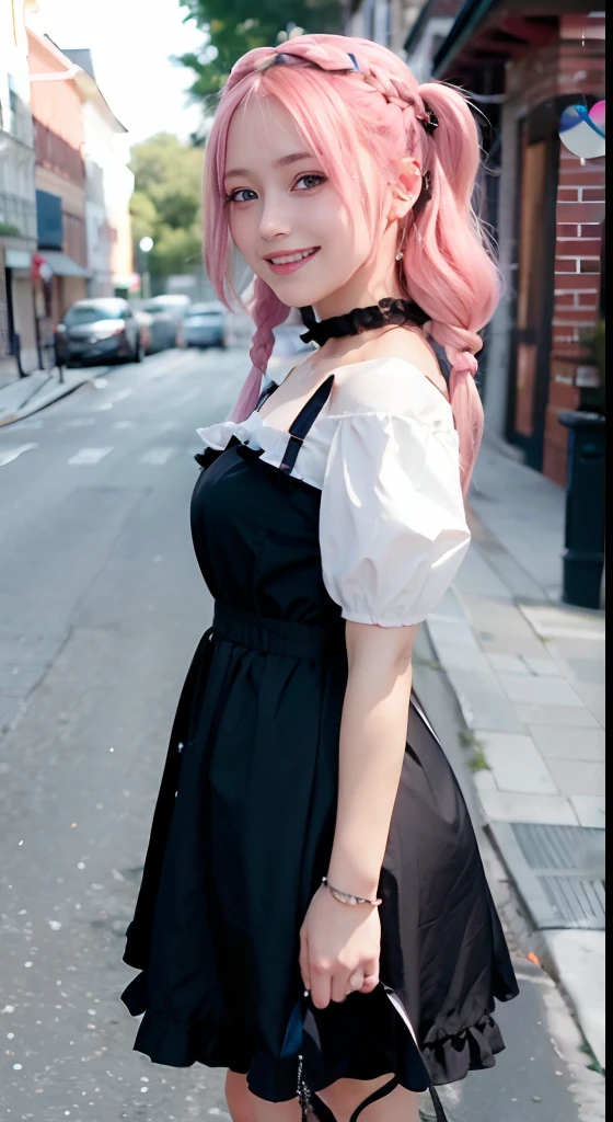 (ultra-detailliert), Frontal Face,head shot, Front view,Cute princess dresses in black color,(frilly dress),(shortsleeves),Blue eyes,The upper part of the body、full body Esbian、faces、(A smile:1.5),(facing front:1.2), 20yr old, s girl,no tail,(no tail),2D, masterpiece, top-quality, animesque, A detailed eye, A detailed face, girl with, Only 1 person,Medium hair with pink hair, (Pink hair), Ear Hair, small tits, Single braid, (Single braid), (Side braid), Pink ribbon, Ribbon around the neck, (White sleeves), Standing in the middle of the road