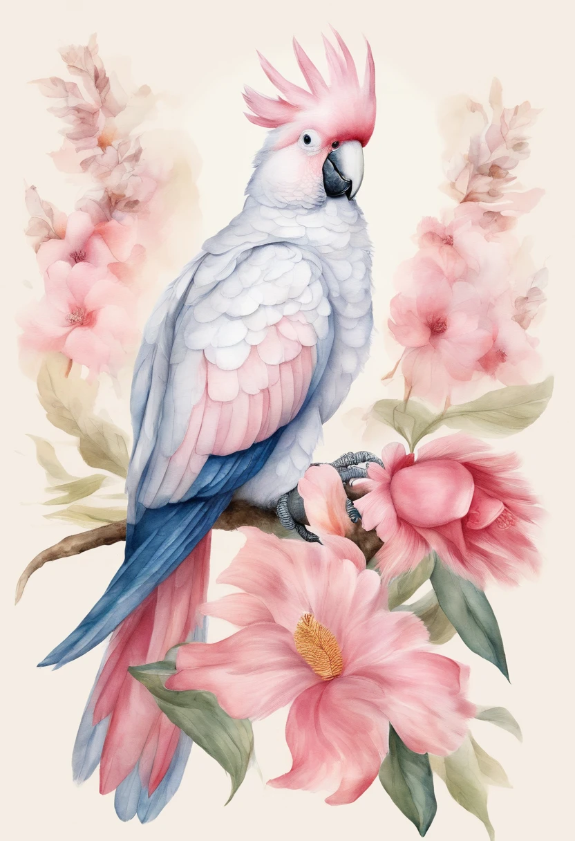 a pink cockatoo, Cacatua leadbeateri, in the style of botanical watercolor of the 16th - 18th century, inspired by the works of Albrecht Dürer, John James Audubon, no background elements, watercolor paper texture background