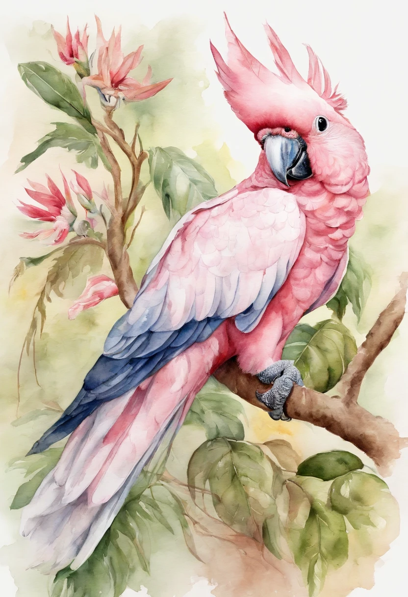 a pink cockatoo, Cacatua leadbeateri, in the style of botanical watercolor of the 16th - 18th century, inspired by the works of Albrecht Dürer, John James Audubon, no background elements, watercolor paper texture background