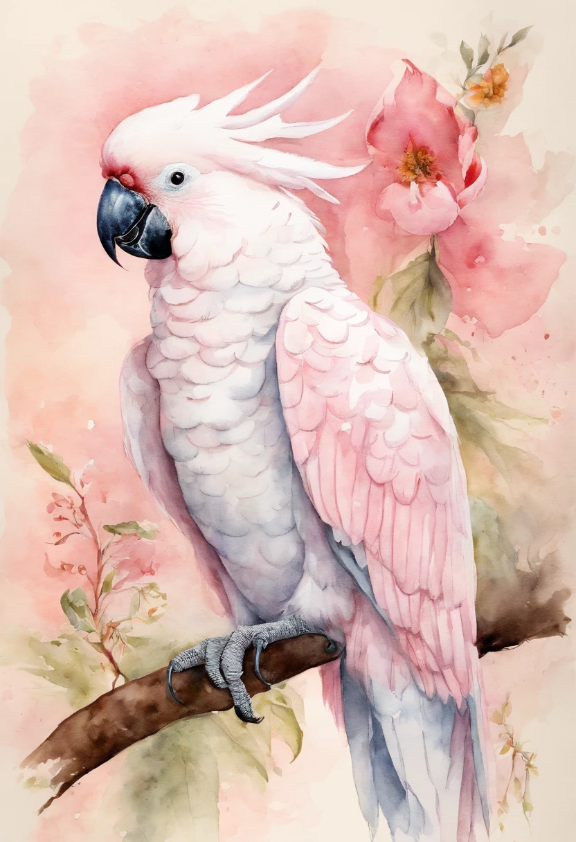 a pink cockatoo, Cacatua leadbeateri, in the style of botanical watercolor of the 16th - 18th century, inspired by the works of Albrecht Dürer, John James Audubon, no background elements, watercolor paper texture background