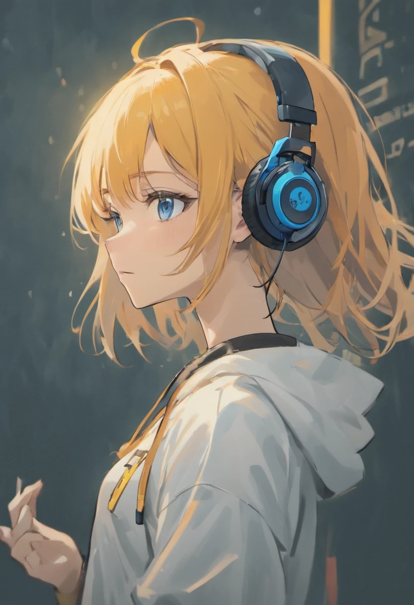 (best quality,4k,8k,highres,masterpiece:1.2),ultra-detailed,(realistic,photorealistic,photo-realistic:1.37),side view,b&w,disheveled short hair,avant-garde accessories,sporty style,casual t-shirt,confident gaze,monochromatic color scheme,looking to the side,unique street fashion,casual hands-in-pockets pose,skull,((one person)),headphones with earmuff-style cups, oversized earmuffs,luxurious long hair
