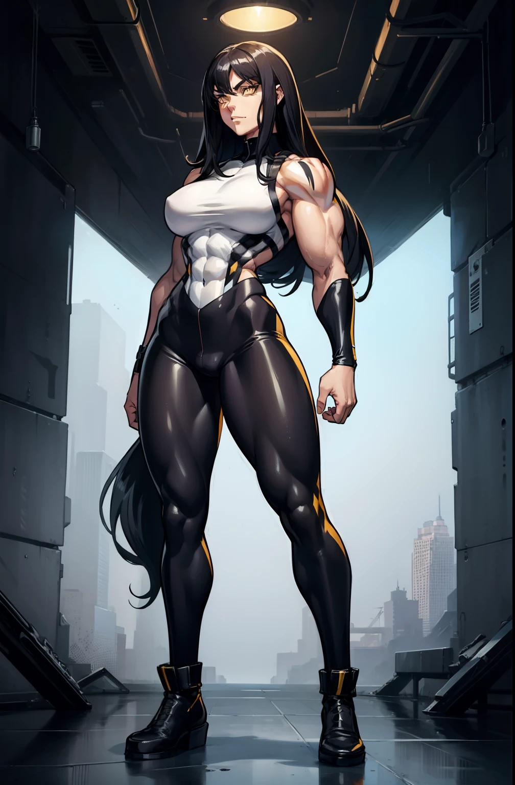 grey background, solo, 1 girl, bodysuit, very long hair, black hair, angry, yellow eyes, (((muscular))), ((huge tits)), (thick thighs)), ((wide hips)), (full body), pale skin