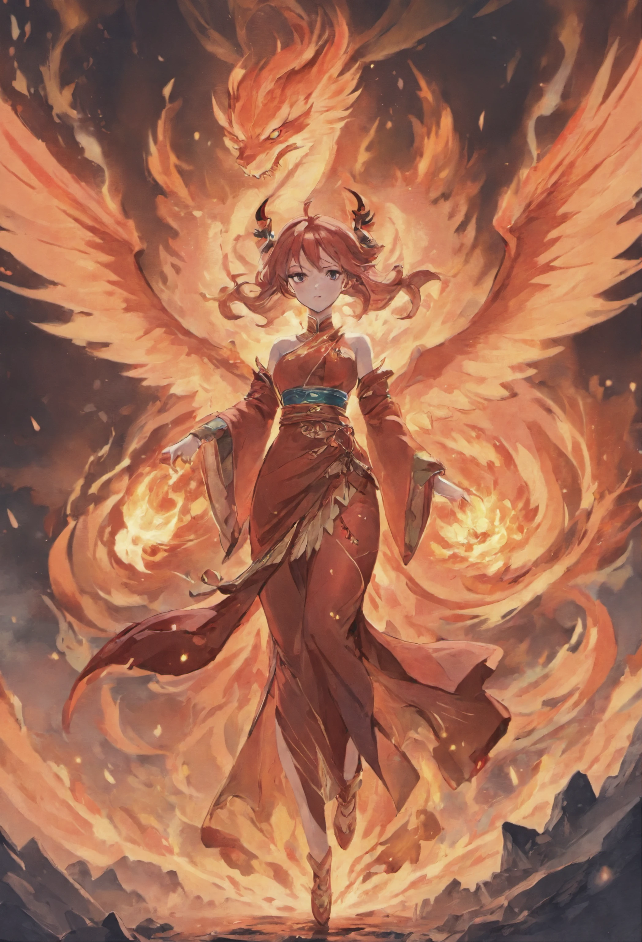 Draw a scene in which a woman personifies a dragon。Her skin is a scorching red、Her beautiful hair flutters like flames、On the back are spread mighty wings。Her eyes are different colors left and right、One of them shines with bright red crimson eyes.、His gaze is full of strength and seduction and he is smiling.。 She stood on the summit of Mount Everest.、Around it are erupting volcanoes and creatures that live in flames。In her hand was a sword of fire.、Cause a calamity of flames with a single swing。Lava melts with magma at your feet。 This scene is、Strength、knowledge、glamor、Sexiness、And symbolizing domination、It expresses the characteristics of a dragon by associating it with the beauty of a woman.。Draw the charm and power of a female dragon personification。
