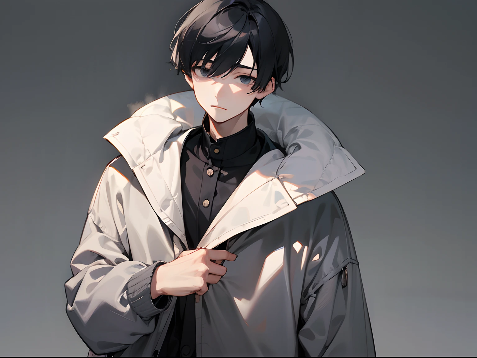 Sober young man、Winter clothes、Gray attire、Black short-haired、Not even a young man、white backgrounid、dead eyes、