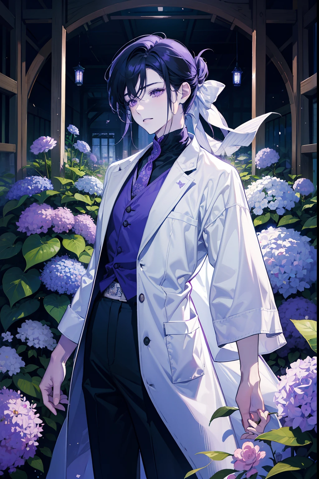 Good quality image, 1 boy, 18 year old teenager, very sweet and kind, with long black hair tied up, with purple eyes and almost pale white skin, Bl anime style, theme: in a greenhouse, controlling the plants and breaking the greenhouse with the roots. of the flowers that surround it, with magic circles