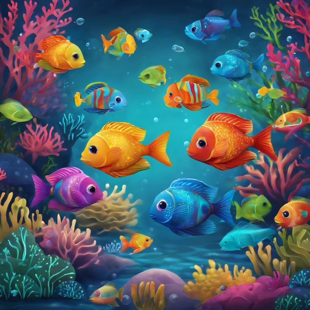 estilo infantil, livro infantil, various colorful fish on the seabed, bonito, alegre, divertido