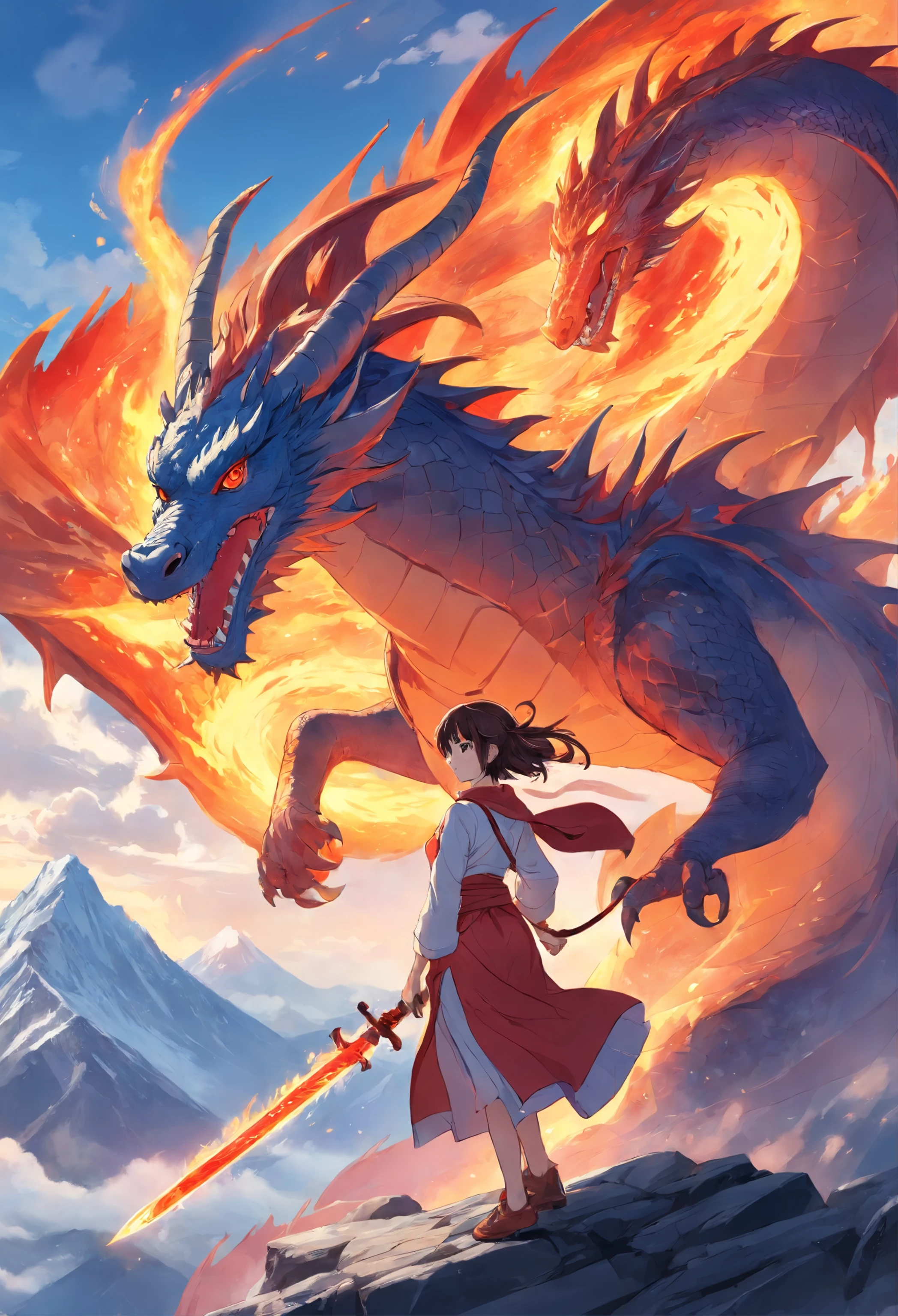 Draw a scene in which a woman personifies a dragon。Her skin is a scorching red、Her beautiful hair flutters like flames、On the back are spread mighty wings。Her eyes sparkled with bright red crimson eyes.、His gaze is full of strength and seduction and he is smiling.。 She stood on the summit of Mount Everest.、Around it are erupting volcanoes and creatures that live in flames。In her hand was a sword of fire.、Cause a calamity of flames with a single swing。Lava melts with magma at your feet。 This scene is、Strength、knowledge、glamor、Sexiness、And symbolizing domination、It expresses the characteristics of a dragon by associating it with the beauty of a woman.。Draw the charm and power of a female dragon personification。