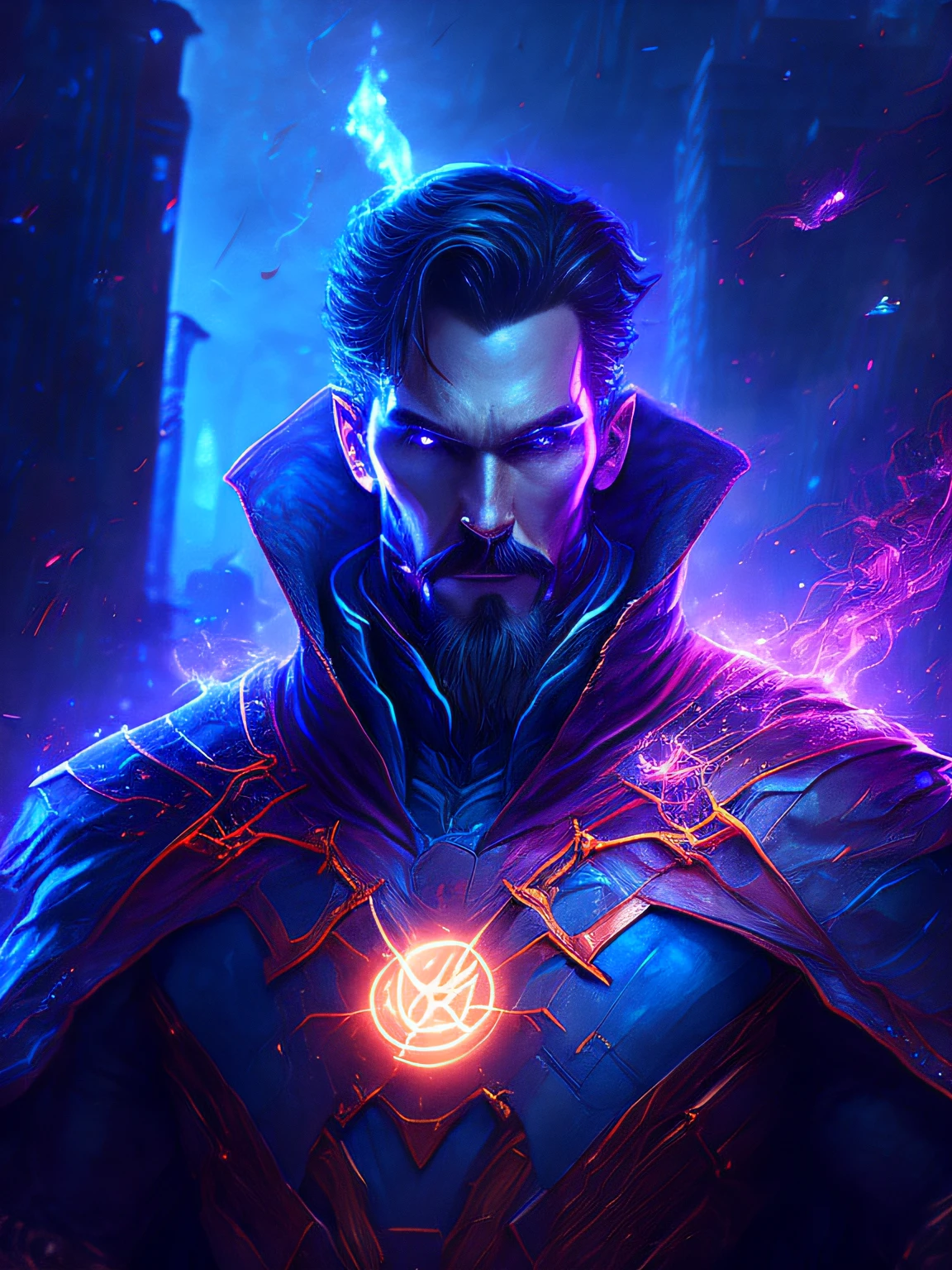 gloomy portrait of dr strange from Marvel, extremely detailed, futuristic cityscape, nighttime, glowing neon lights, smoke, sparks, metal shavings, flying debris, blue energy effects, volumetric light