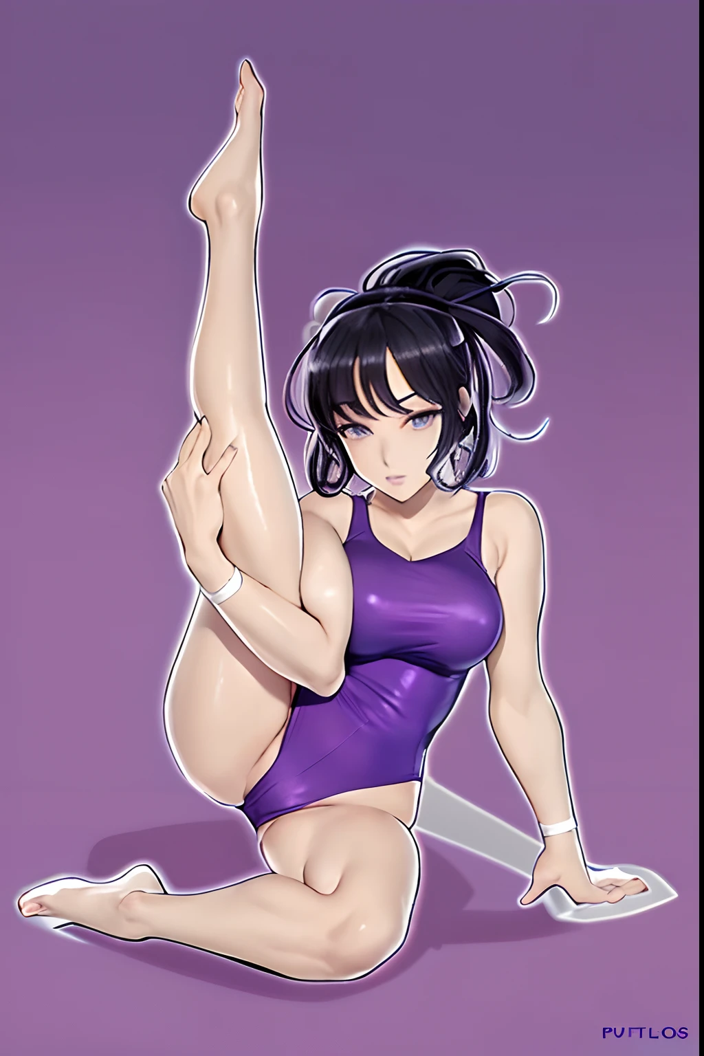 Anime woman with black hair sitting on the ground with legs crossed, Anime women are squatting, huge tit, anime pose, holding a pudica pose, wearing leotard, Purple leotard, Beautiful anime woman crouching, jojo anime style, sexy pudica pose gesture, pretty face with arms and legs