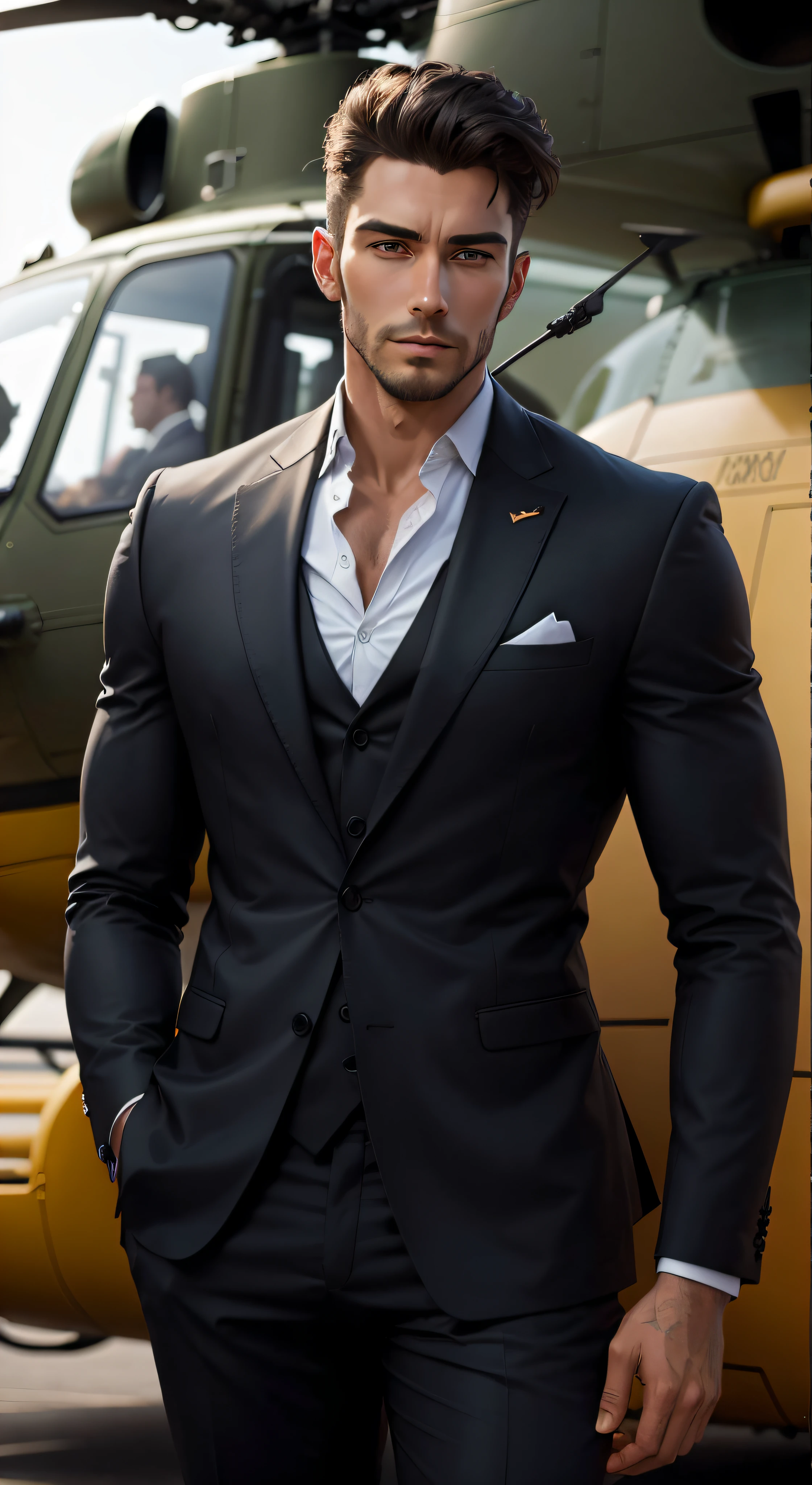 handsome male, Beautiful black suit, Behind the helicopter stands, portrait