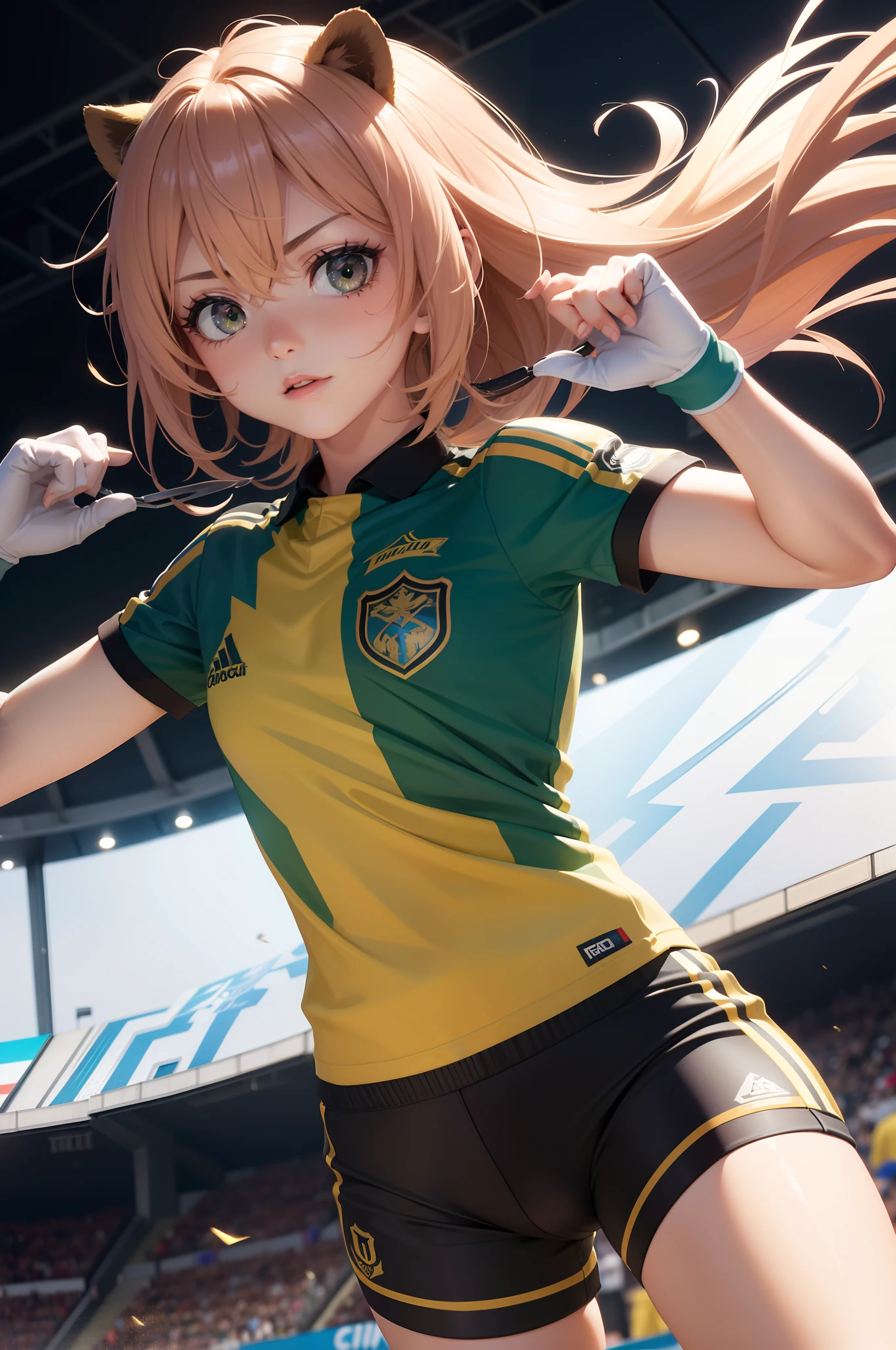Astolfo em uniforme de futebol,melhor qualidade,4k,8k,Altas,master part:1.2,ultra-detalhado,Realistic:1.37,fotorrealista:1.37, HDR,UHD,exuberante campo de grama verde,Stadium lighting,sombras negras,bola de futebol laranja e branca,gotas de suor cintilantes,Brisa fresca,postura confiante,strong athletic build,sharp facial features,olhos azuis brilhantes com uma pitada de travessura,cabelos loiros brancos bem estilizados,Canary yellow football shirt with black details,Emblem of a lion carried on the chest,shorts azuis escuros sob medida com meias brancas combinando,novas chuteiras pretas brilhantes,Excelente controle de bola, Dribble with elegance,exibindo um trabalho extravagante,flying through the air for a header,Goleiro mergulhando para fazer uma defesa espetacular,Torcida nas arquibancadas,aplausos estrondosos,excitement and adrenaline in the air,Bandeira verde e branca da equipe agitando orgulhosamente.
