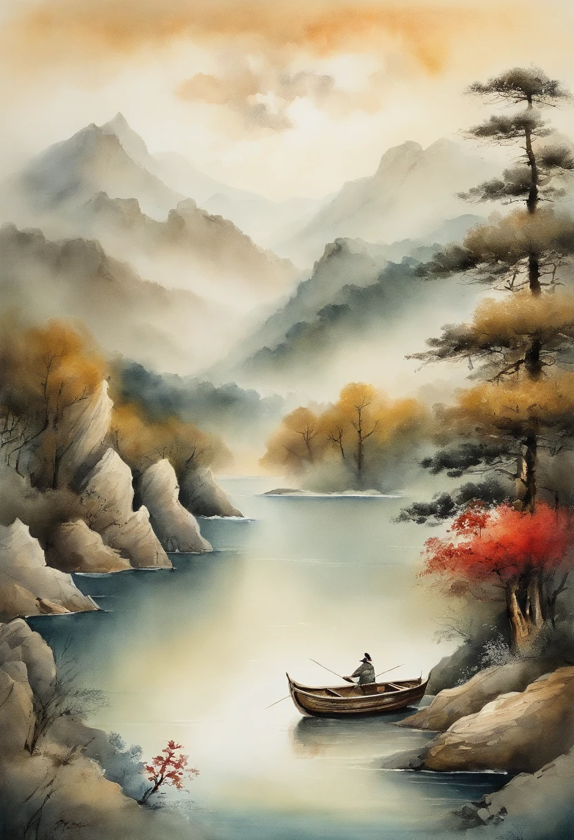 painting of a mountain landscape with a lake and a boat, illustration matte painting, by Li Tiefu, artwork in the style of z.w. gu, chinese surrealism, chinese landscape, inspired by Kanō Naizen, chinese style painting, symmetric matte painting, Constructivism, Suprematism