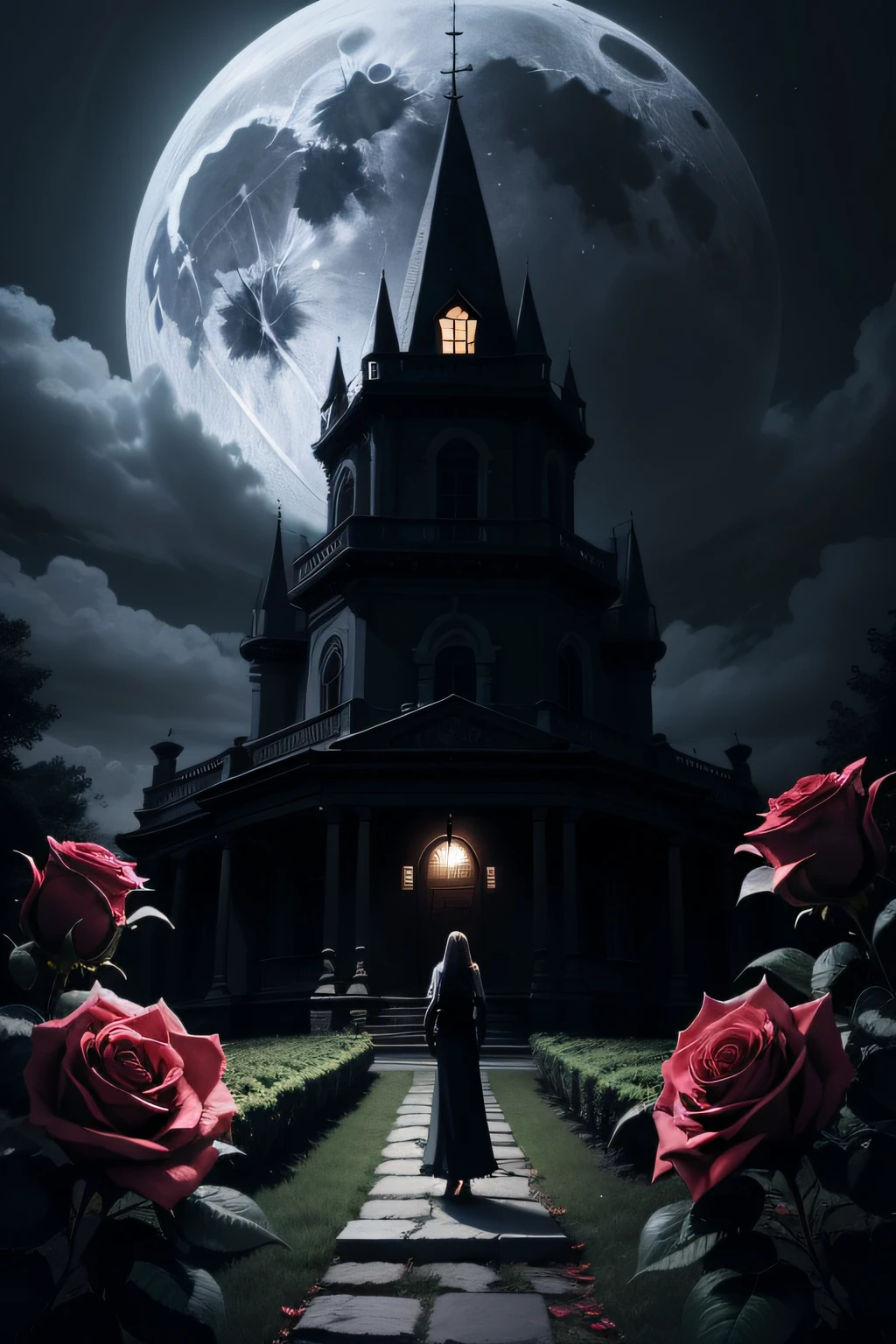 Dark dark mansion on full moon night in a rose garden