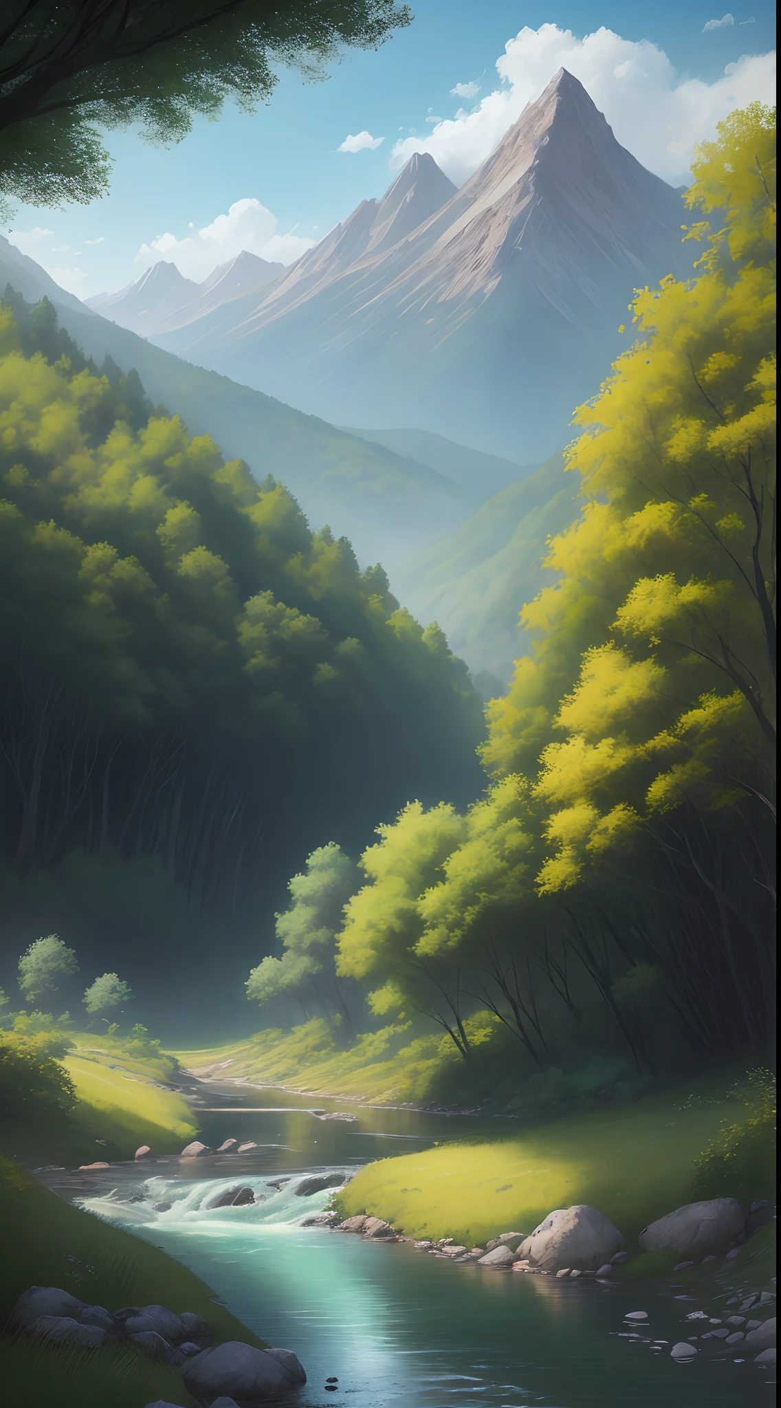 Painting of a stream running through a lush green forest full of trees, Pintura detallada 4 K, mountains river trees, Paisaje de anime fondo de pantalla, Hermoso arte UHD 4 K, Paisaje rural del anime, detailed scenery —width 672, Hermosa pintura digital, Arte digital 4K altamente detallado, Hermoso escenario de anime, Arte detallado de alta calidad 8K, Anime Nature Wallpap, Naturaleza del anime