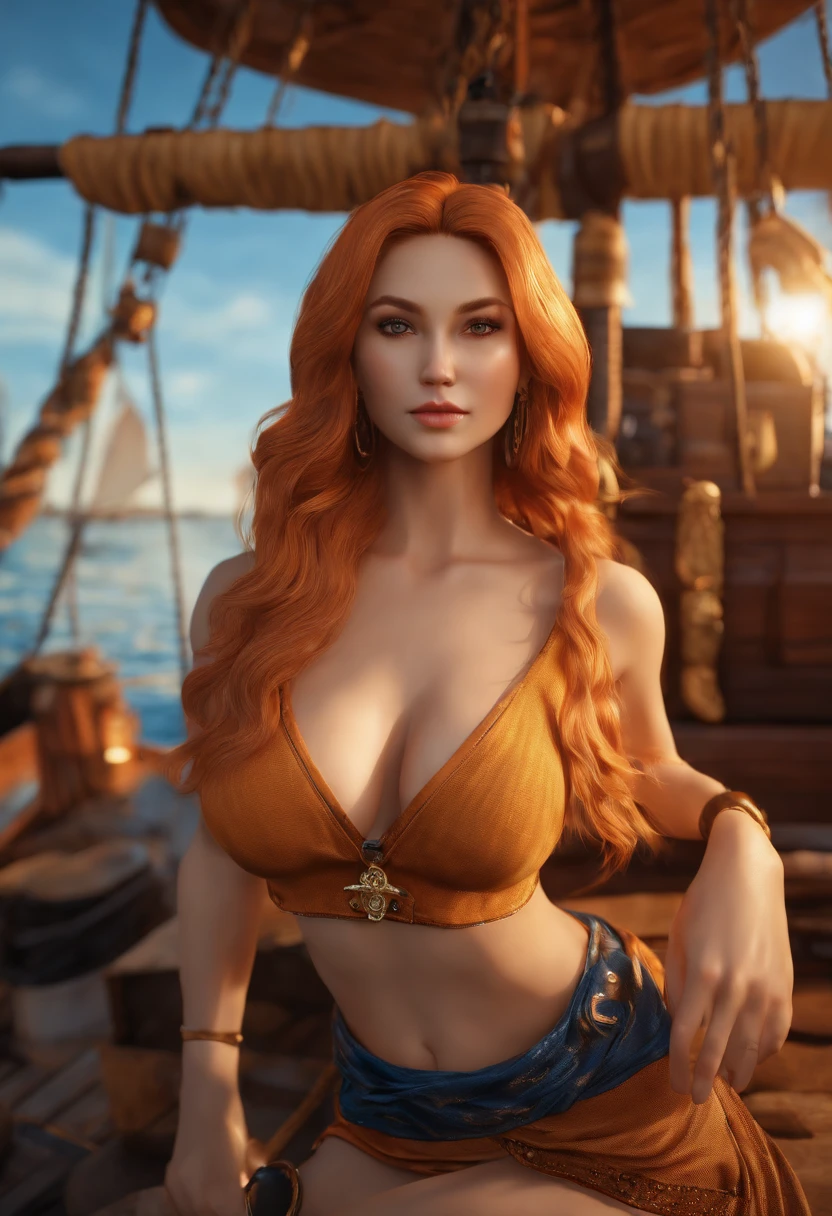 extremely beautiful nami (one piece), subtle makeup, golden hour, photorealistic, high contrast, 8k HD, detailed, hyper-detailed, realistic skin texture, orange long hair, bikini top only, blue pants, large breast, best quality, ultra high res, raw photo, dramatic lighting, unreal engine, diffuse glow, outdoor, realistic detailed onep piece pirate ship, treasure chest, gold, gold coins, gold bars.