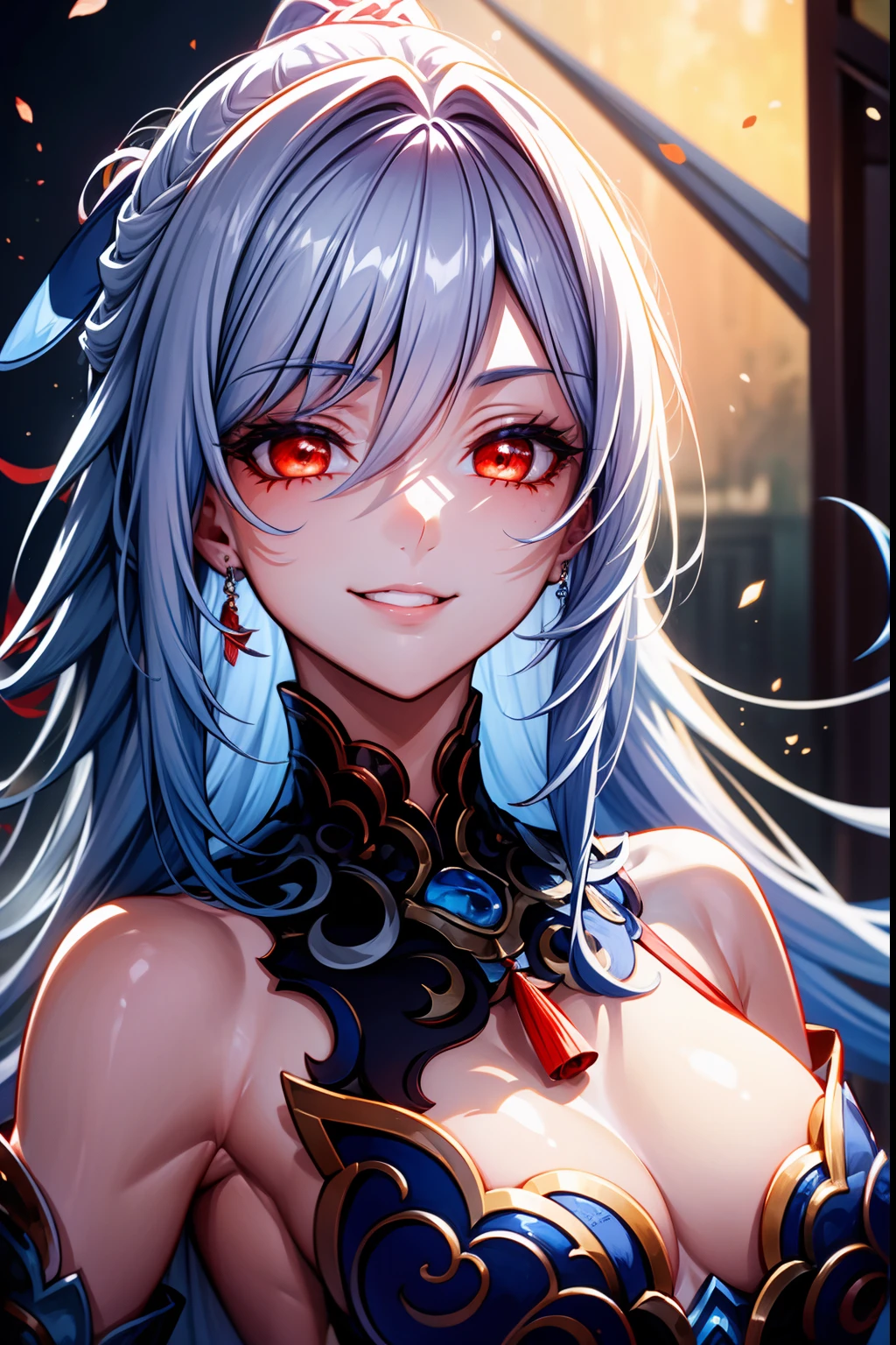 (masterpiece, best quality, ultra-detailed), 1girl, JingliuHSR, red eyes, blue hair, long hair, looking at viewer, medium breasts, ((upper body)), smiling expression