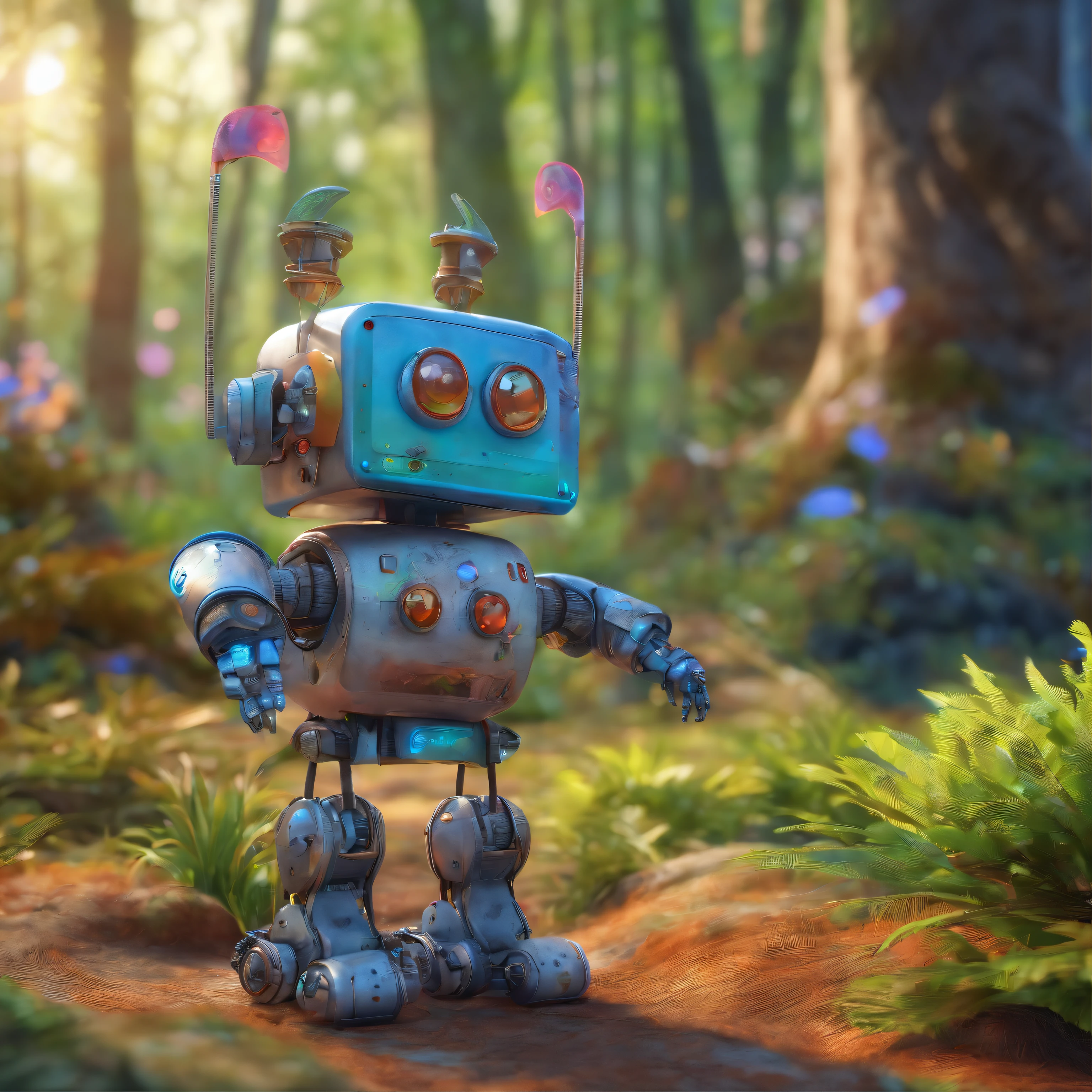 Cute old robot、Charming、in woods、The background is、Colorful to heal、