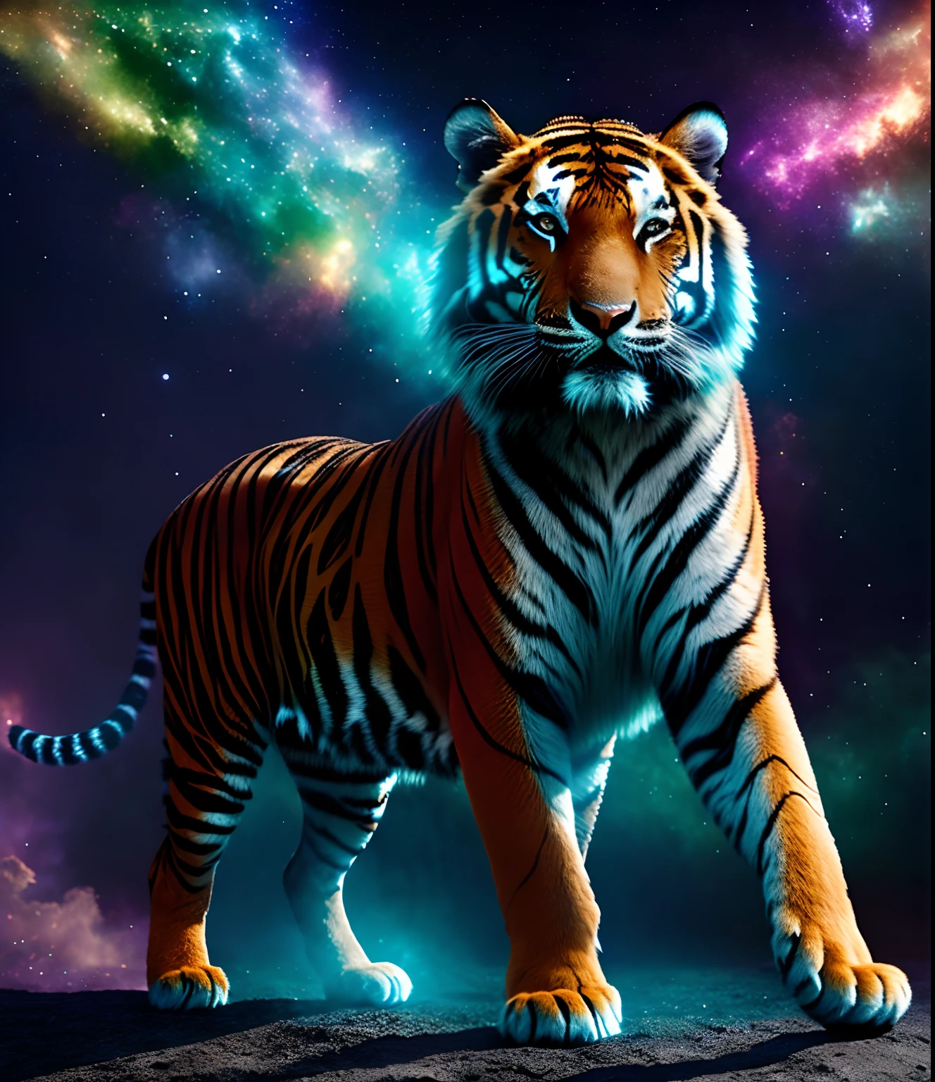 Galaxy Photos, strand, area, nebula, star, smoke, iridescent colors, intricate detailed,star, In the form of a full-body tiger., Octane Rendering, 8k hyper realistic, realistic texture, unreal natural lighting engine, cinestill 800, (35mm lens.)