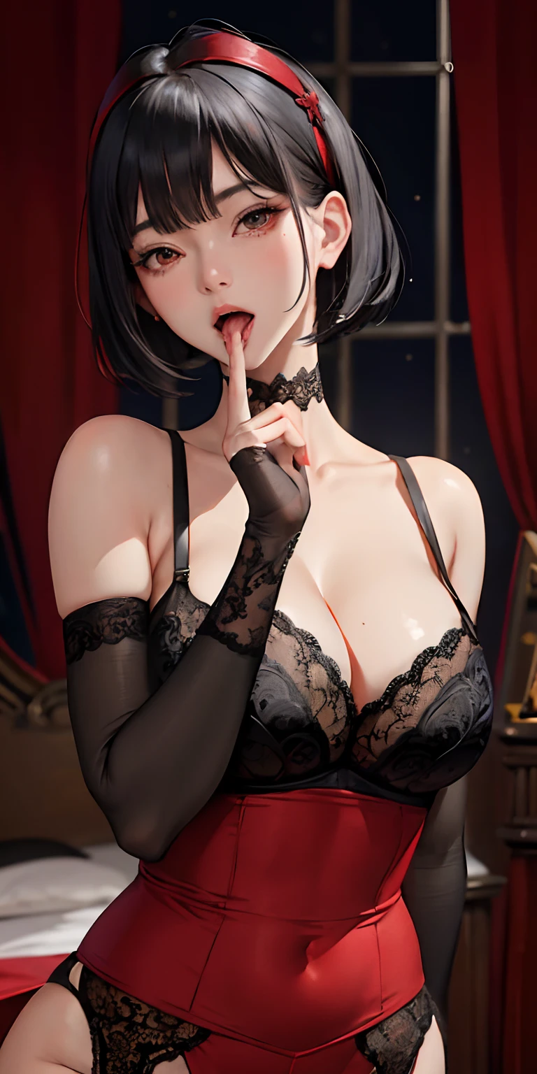 (masuter piece:1.2、top-quality)、(Real Photographics、intricate-detail)、Hairstyle Black Hair Short Kappa Hair Real Adult Woman、(Depicted only the upper body)Red garter belt、Wearing the winner of the boxer show、Cleavage enhancement close-up zoom、Open your mouth wide、Background bedroom