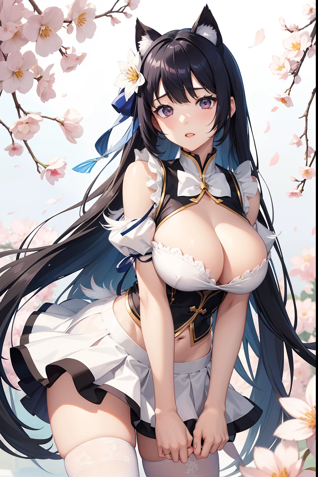 anime styled。illustratio。Fantasia。White feathers。girl with。lipsticks。eye glass。is in estrus。undergarment。Scattered flowers background。Colossal tits。pubick hair。teats。a miniskirt。Shy。all-fours。