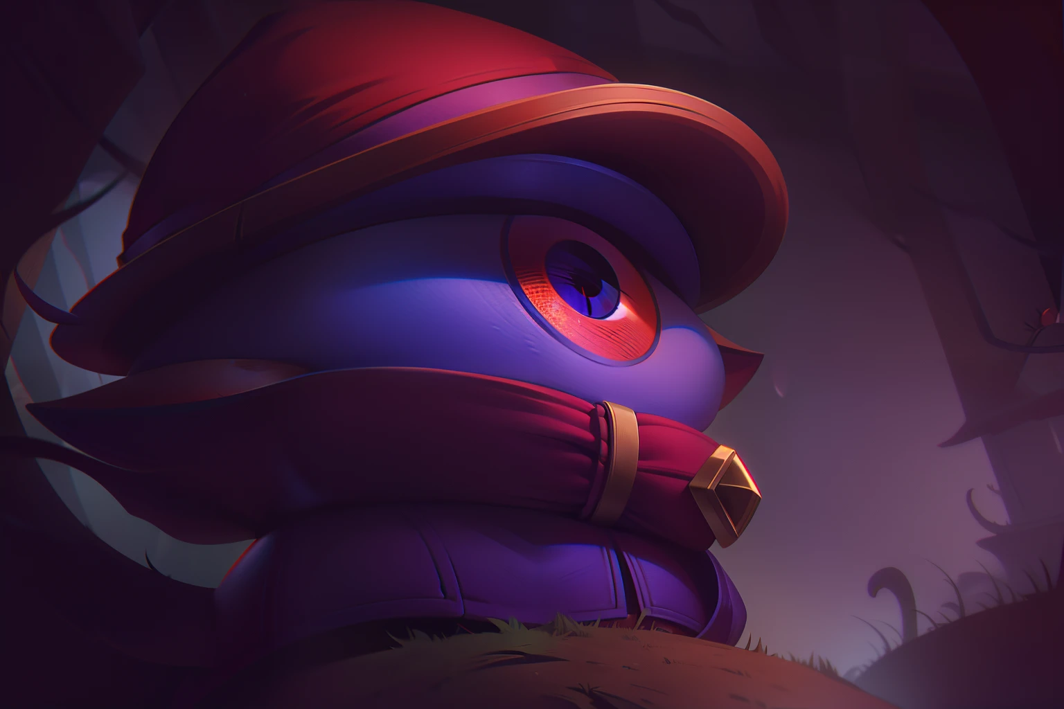 Being small with red spider eyes wearing hat and purple purple clothing dark coat Yordle drop from personal caption echo of luden in the forest